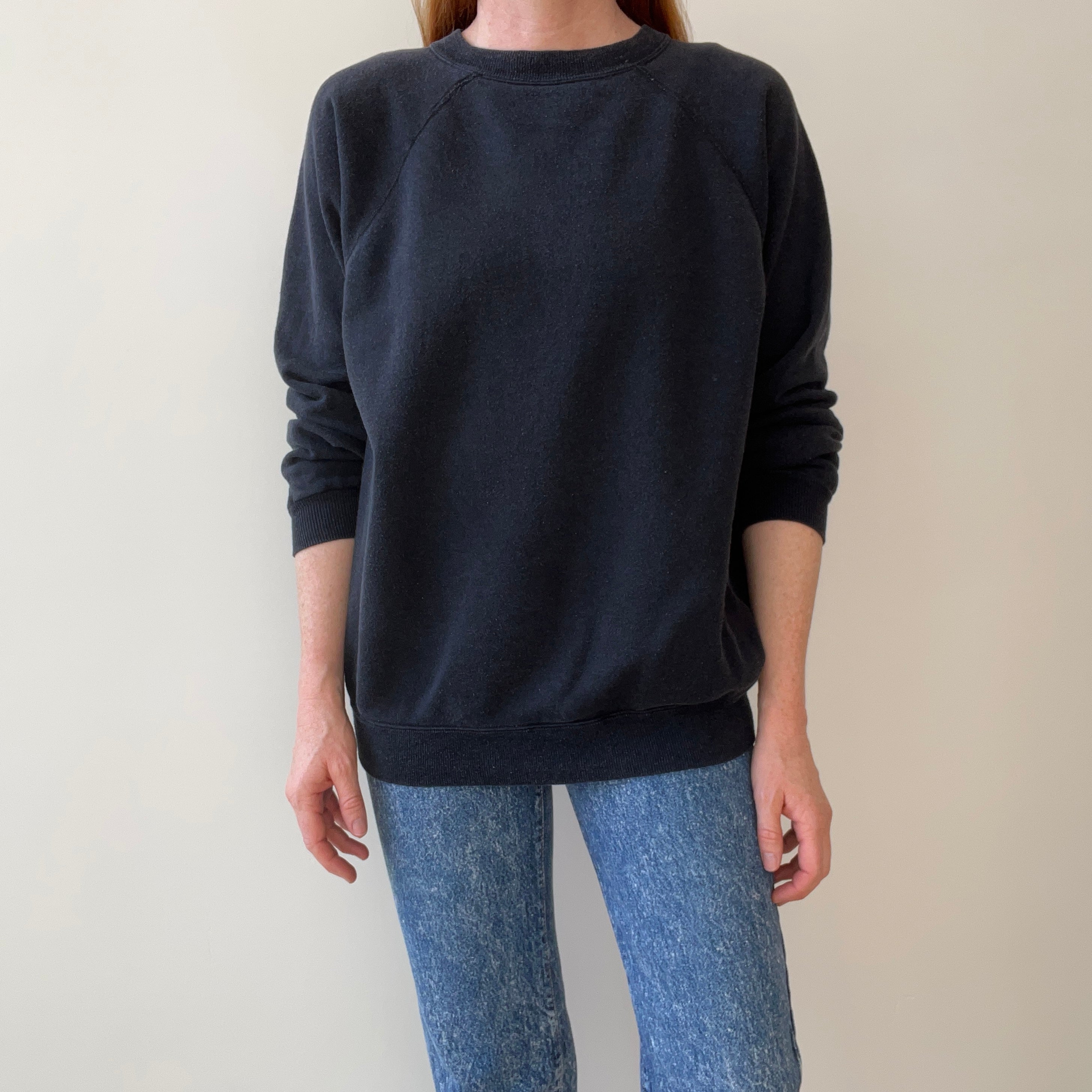 1980/90s Perfectly Faded Blank Black Raglan Sweatshirt