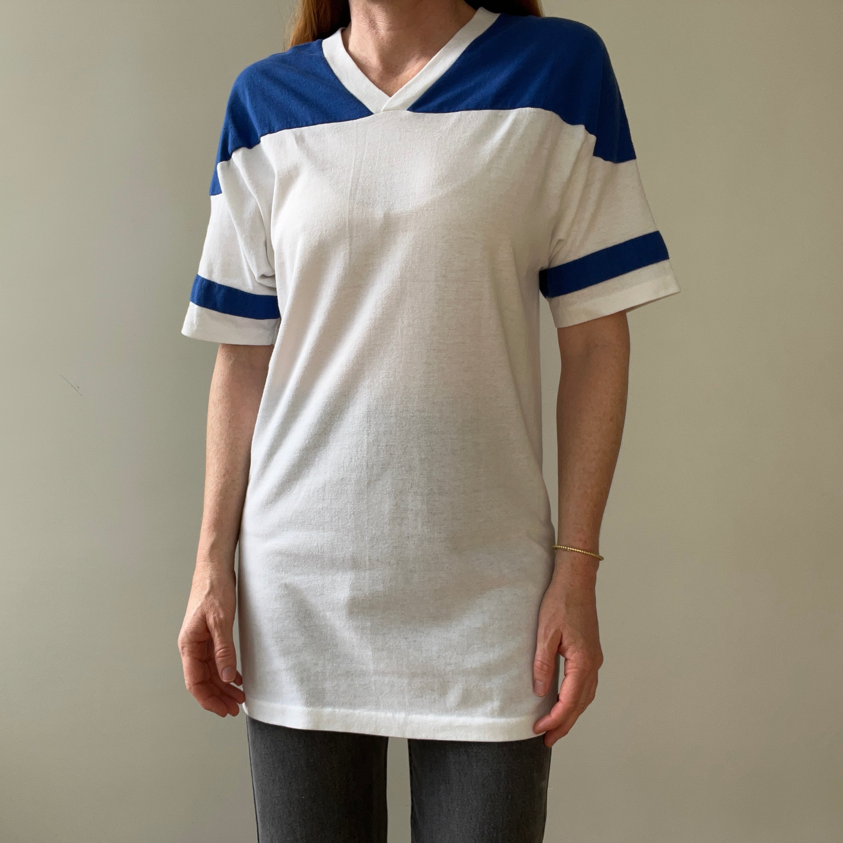 1980s Blank Blue and White Football Style T Shirt