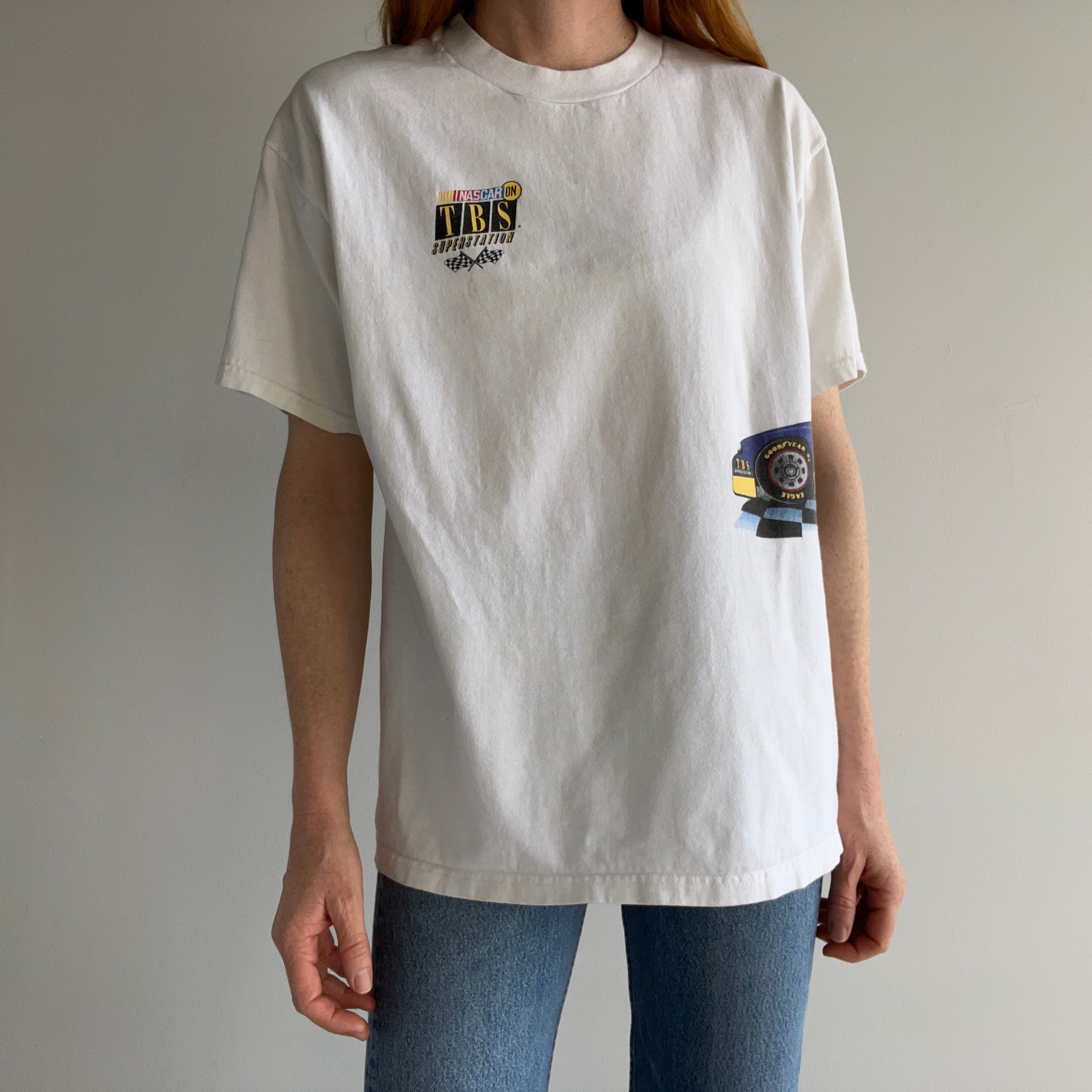 1990s NASCAR on TBS Superstation Wrap Around Cotton T-Shirt - Stained