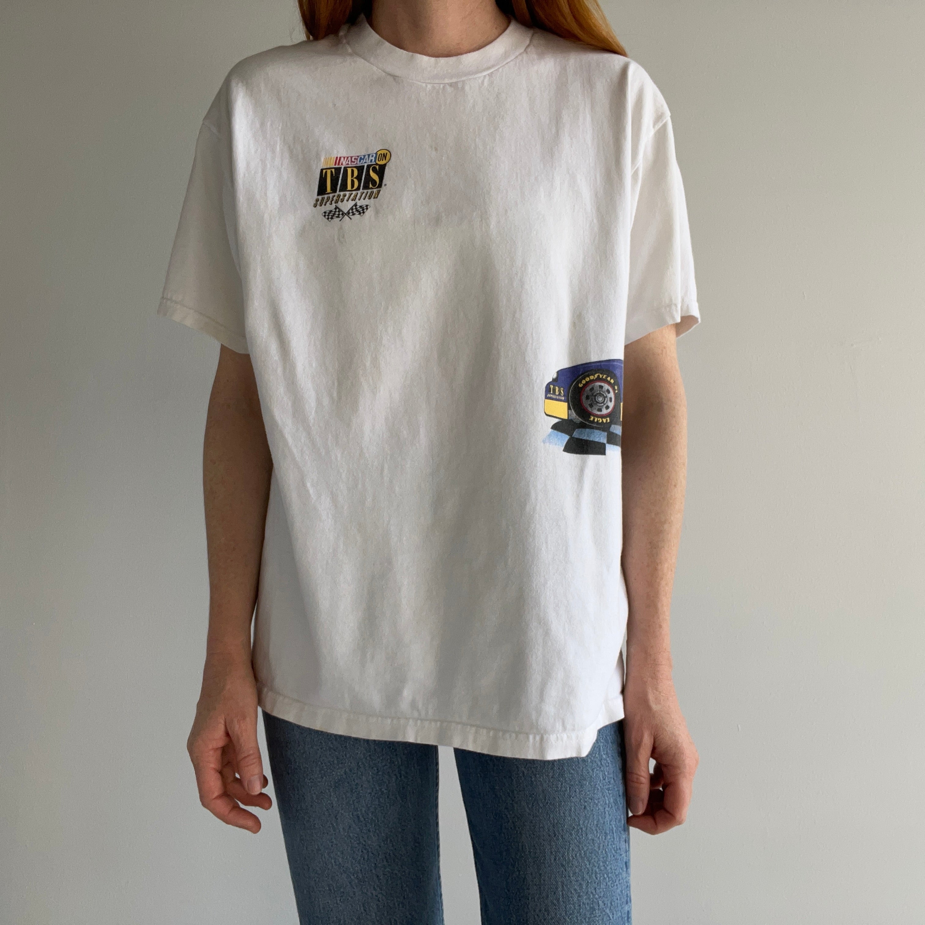 1990s NASCAR on TBS Superstation Wrap Around Cotton T-Shirt - Stained