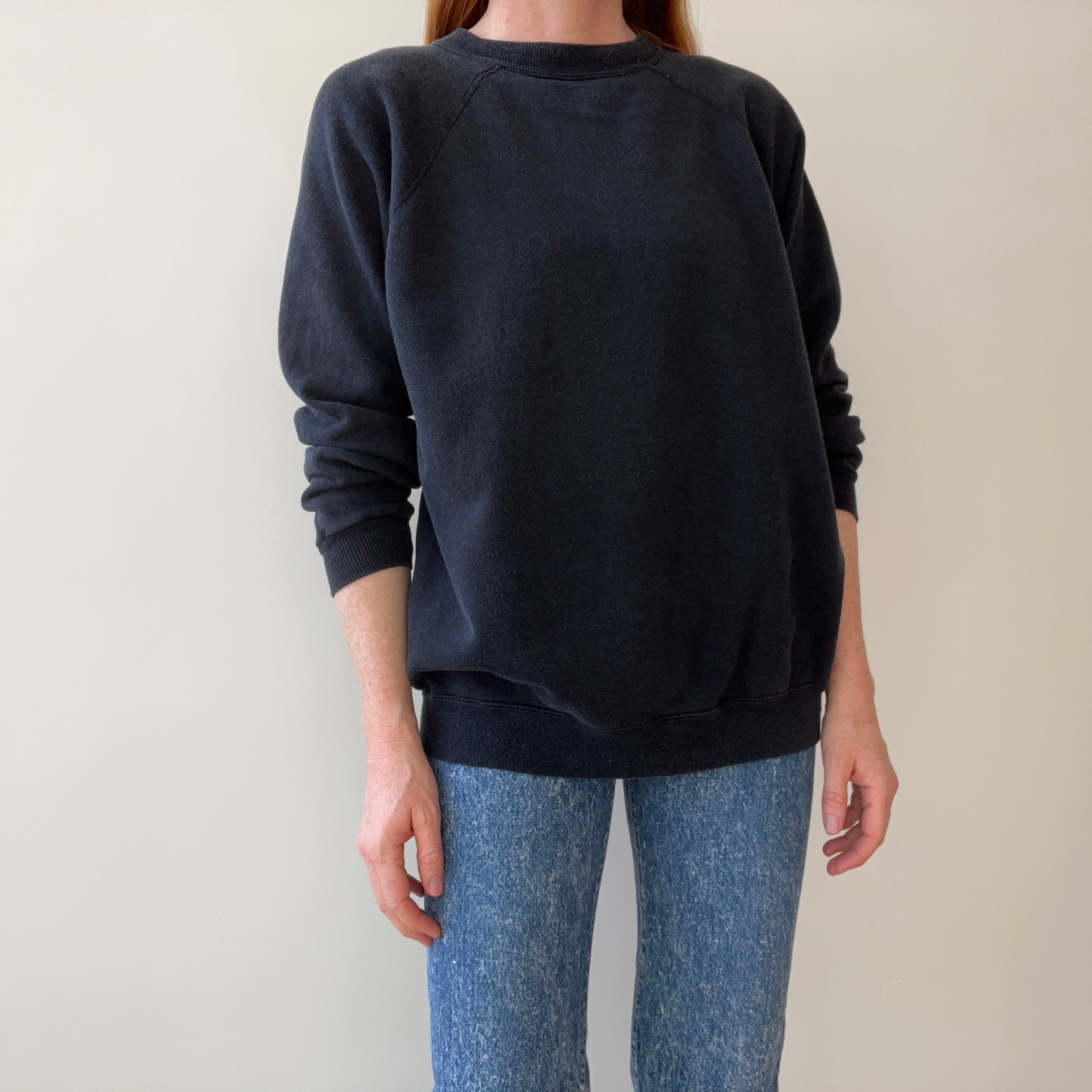 1980/90s Perfectly Faded Blank Black Raglan Sweatshirt