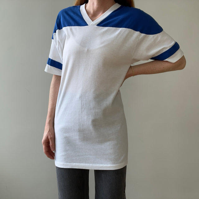 1980s Blank Blue and White Football Style T Shirt