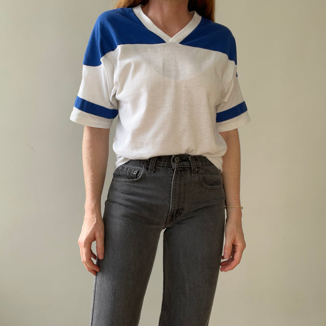 1980s Blank Blue and White Football Style T Shirt