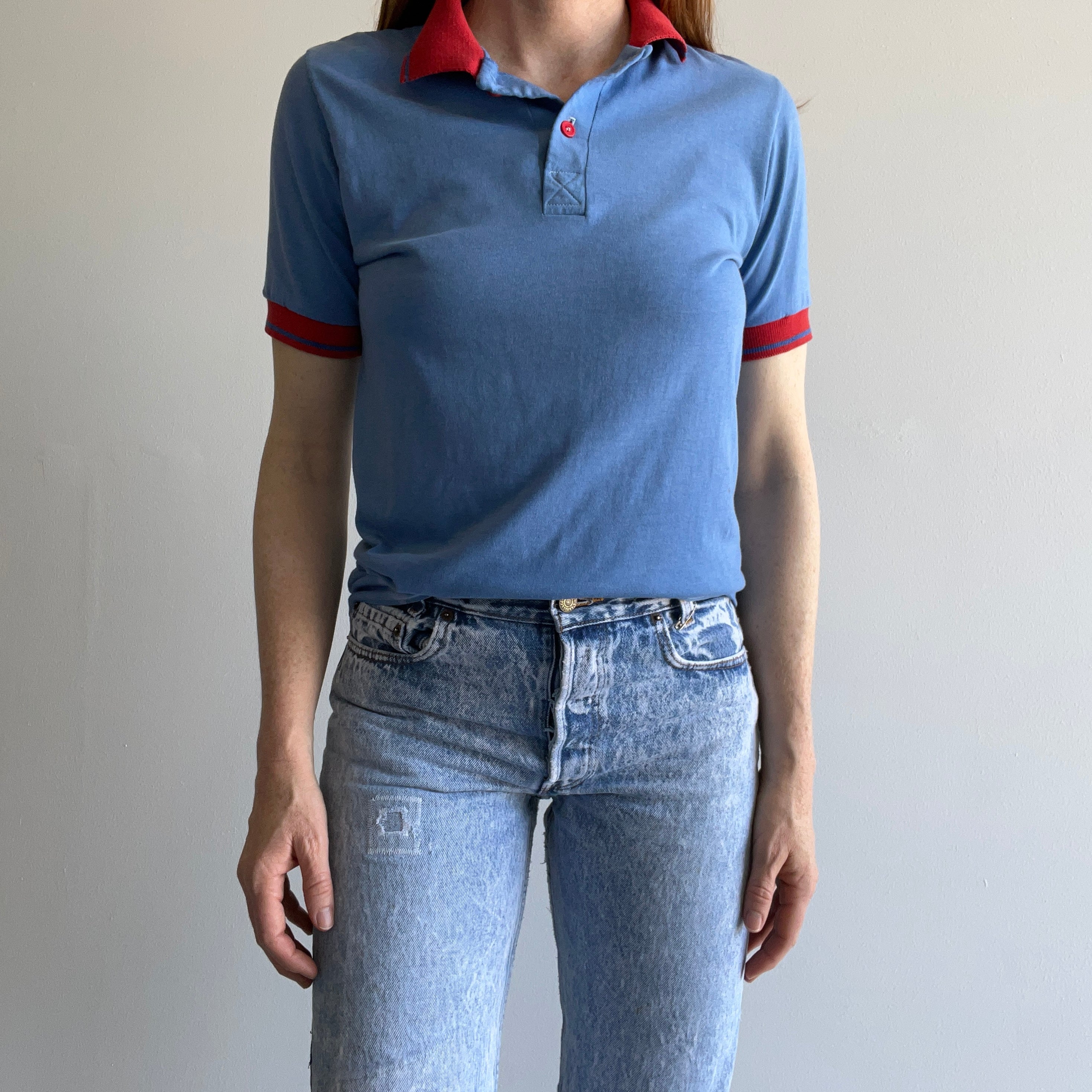 1980s Super Cool Bleach Stained Red and Blue Polo Shirt - !!!!