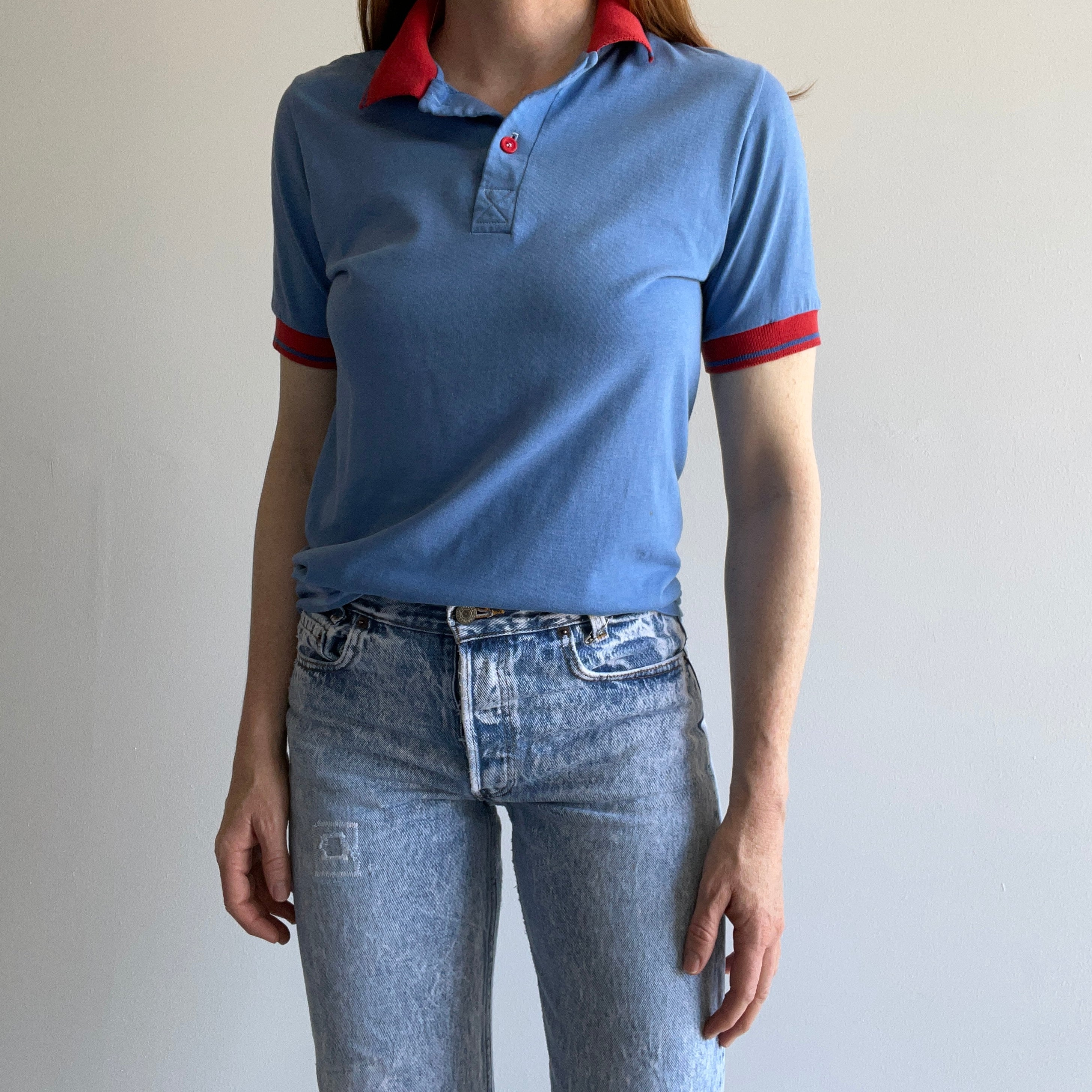 1980s Super Cool Bleach Stained Red and Blue Polo Shirt - !!!!