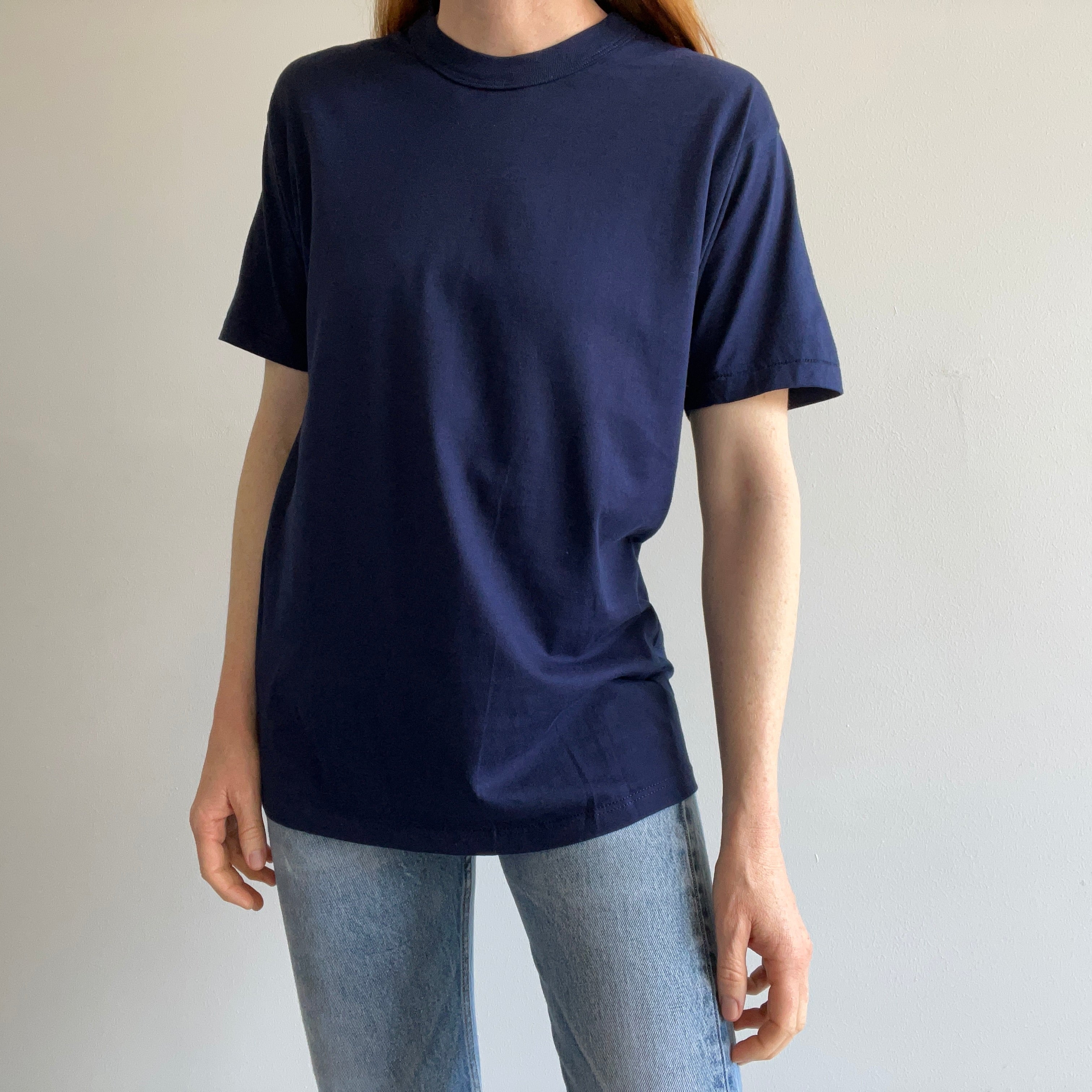 1980s Blank Navy Like New Russell Rolled Neck T-Shirt