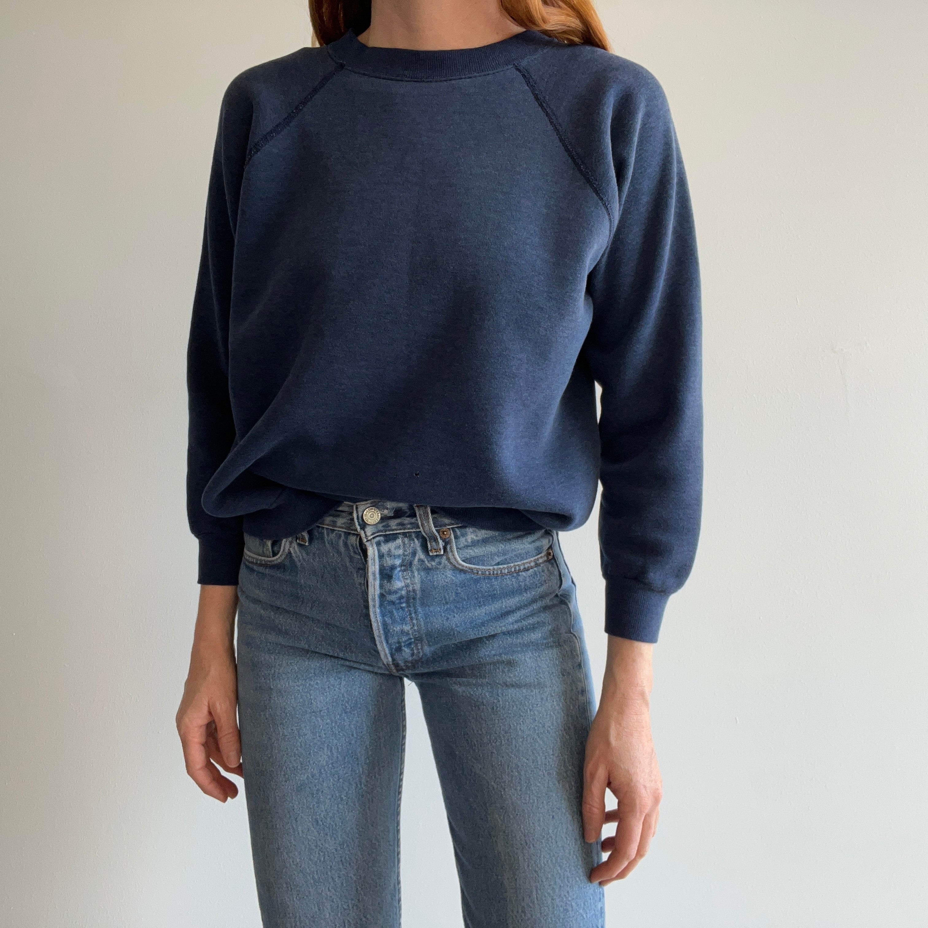 1970/80s Blank Bleach Stained Navy Sweatshirt with Tattered Hole on the Backside - Luxe