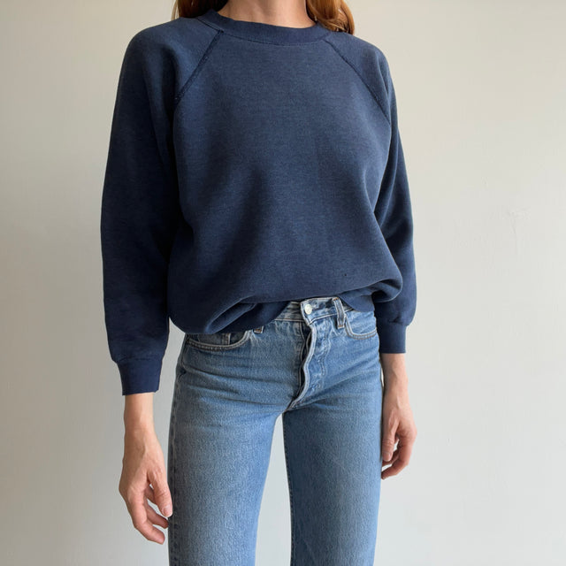 1970/80s Blank Bleach Stained Navy Sweatshirt with Tattered Hole on the Backside - Luxe