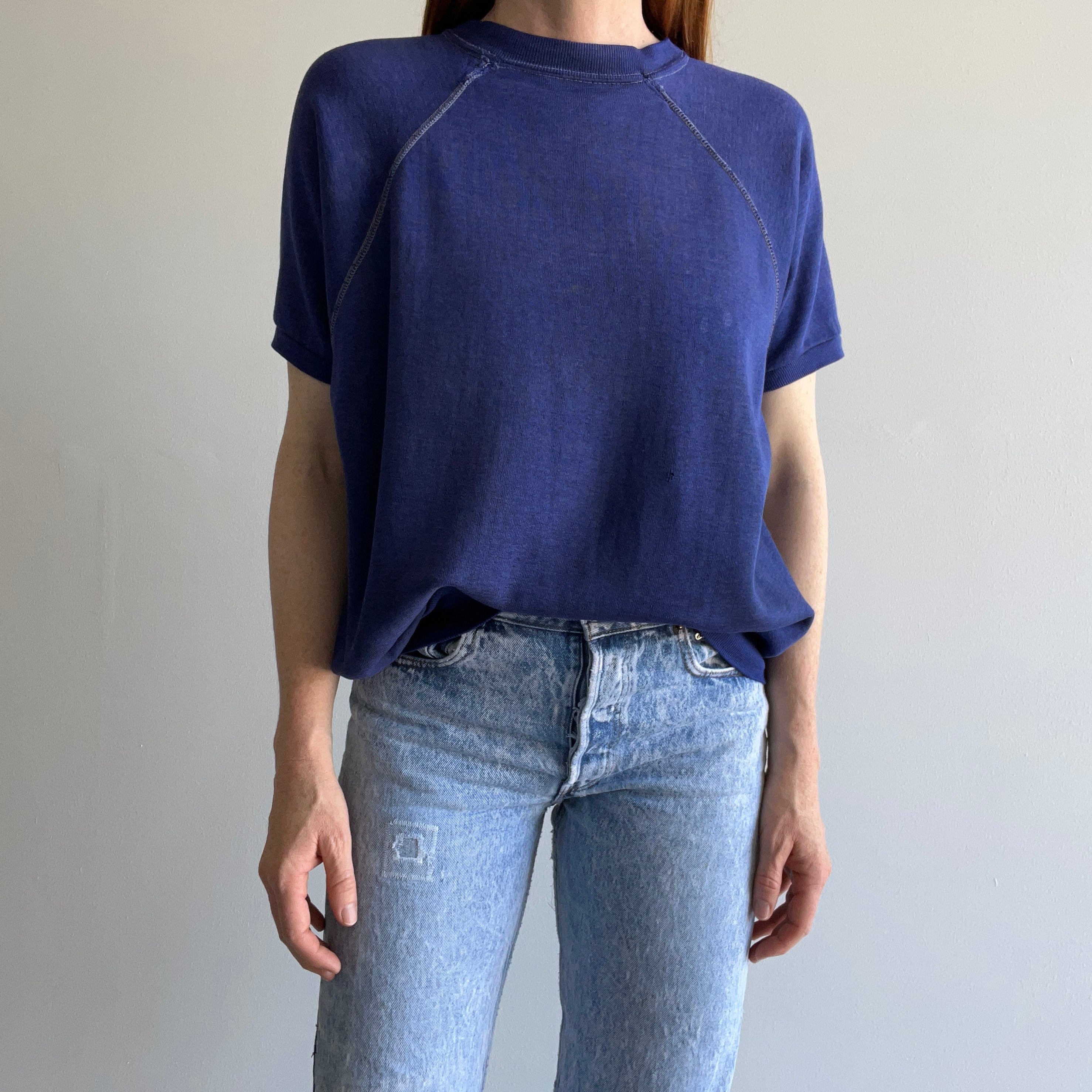 1970s Dumpster Chic Mended Navy Warm Up with Contrast Stitching and Patching - RAD