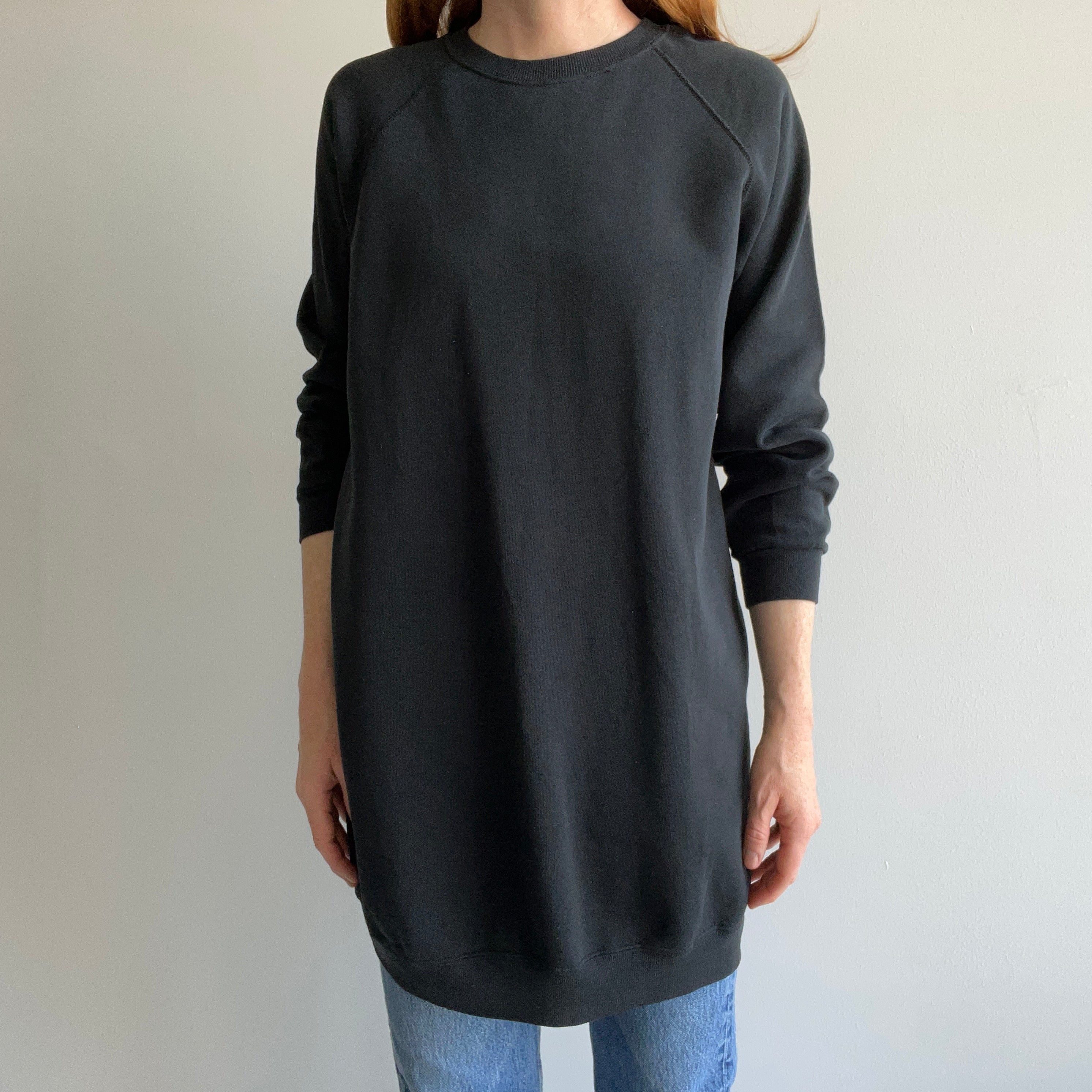 1980s Wrangler Blank Black Longer Cut Raglan Sweatshirt/Mini Dress