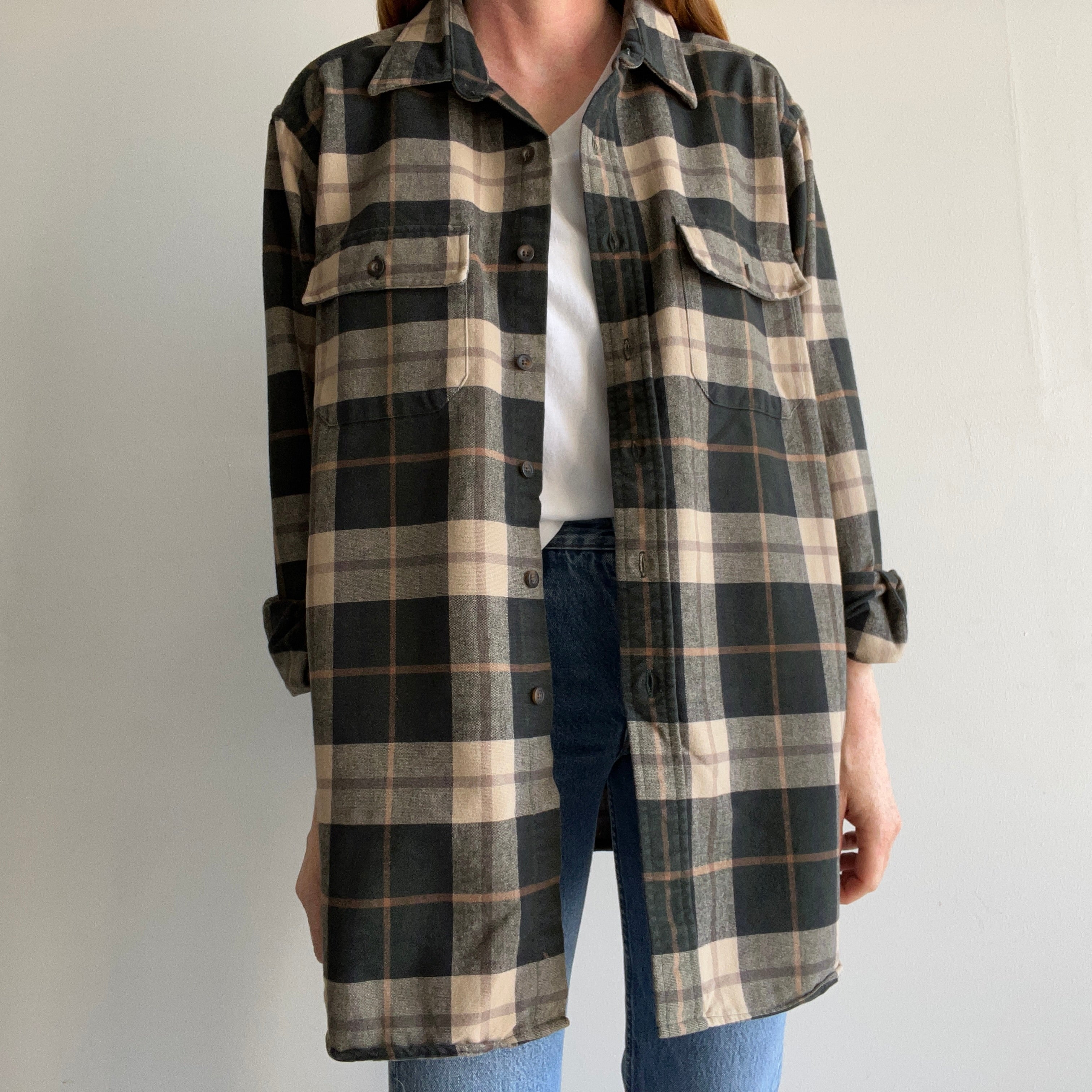 1990s L.L. Bean Larger and Longer Neutral Plaid Flannel