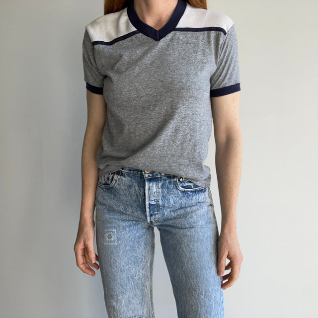 1970s Color Block V-Neck T-Shirt - Soft and Slouchy