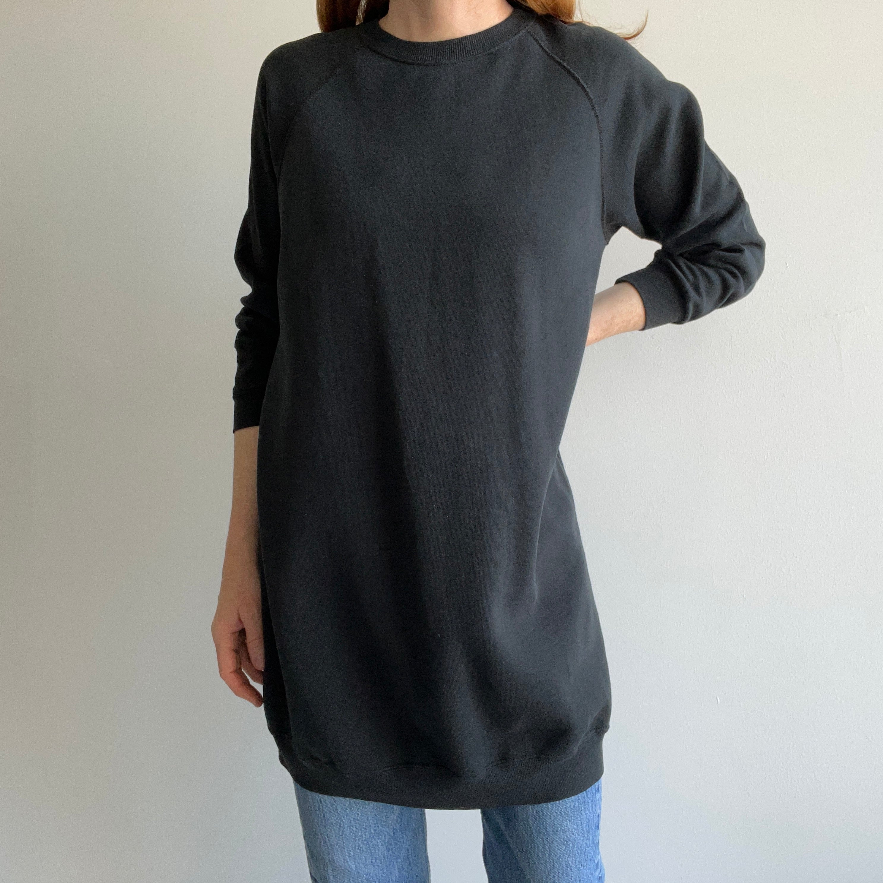 1980s Wrangler Blank Black Longer Cut Raglan Sweatshirt/Mini Dress