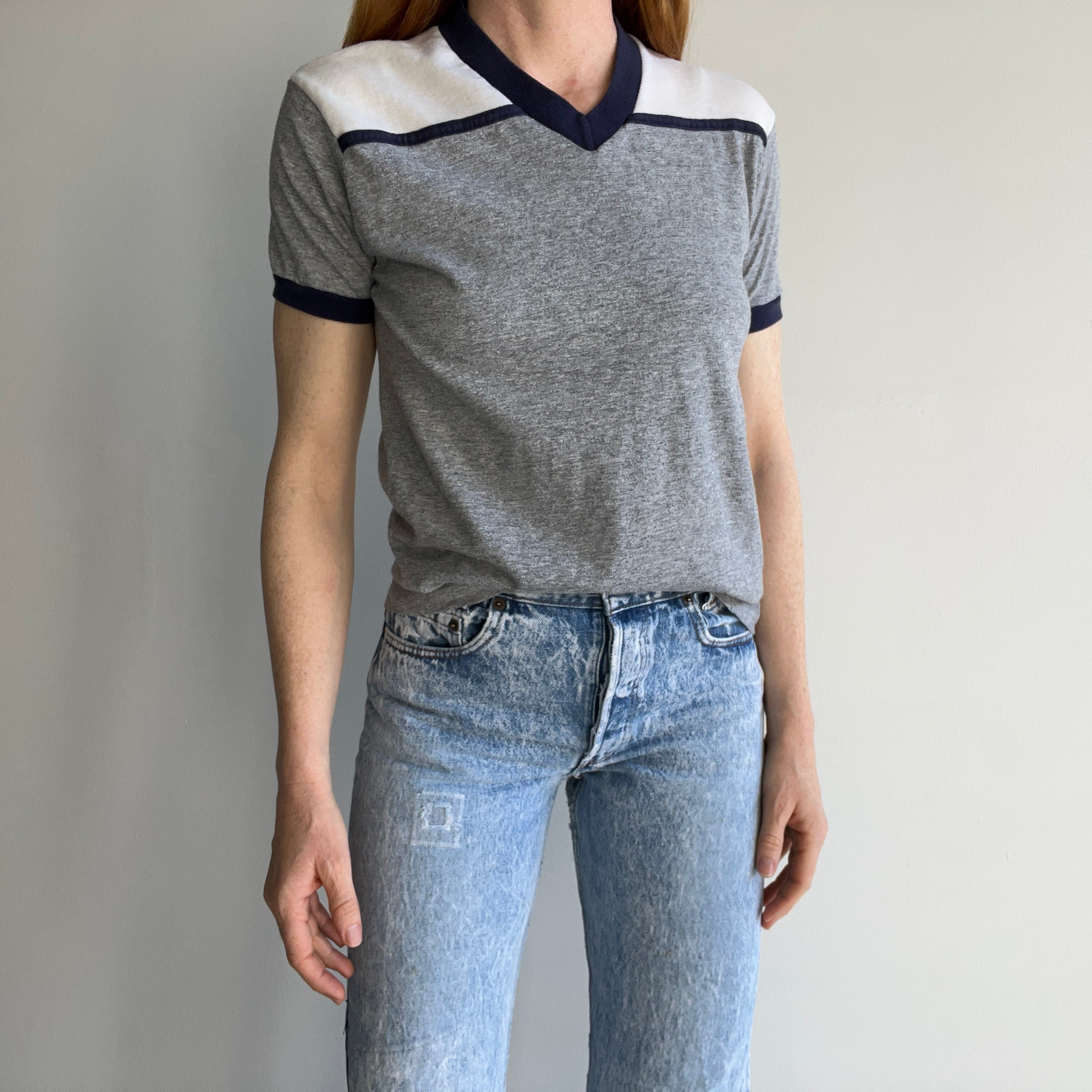 1970s Color Block V-Neck T-Shirt - Soft and Slouchy