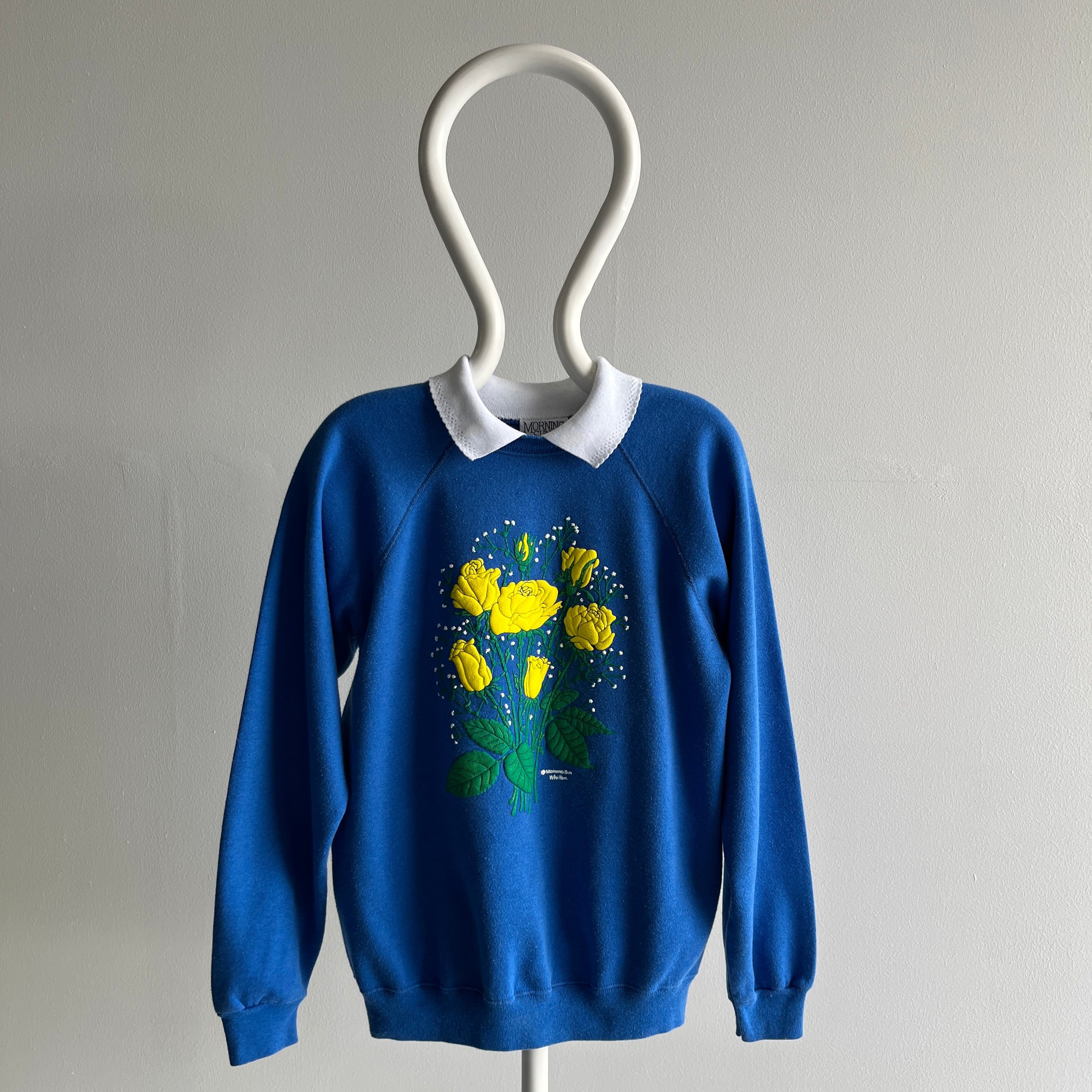 1980s Morning Star Yellow Roses Built In Polo Sweatshirt - YES PLEASE