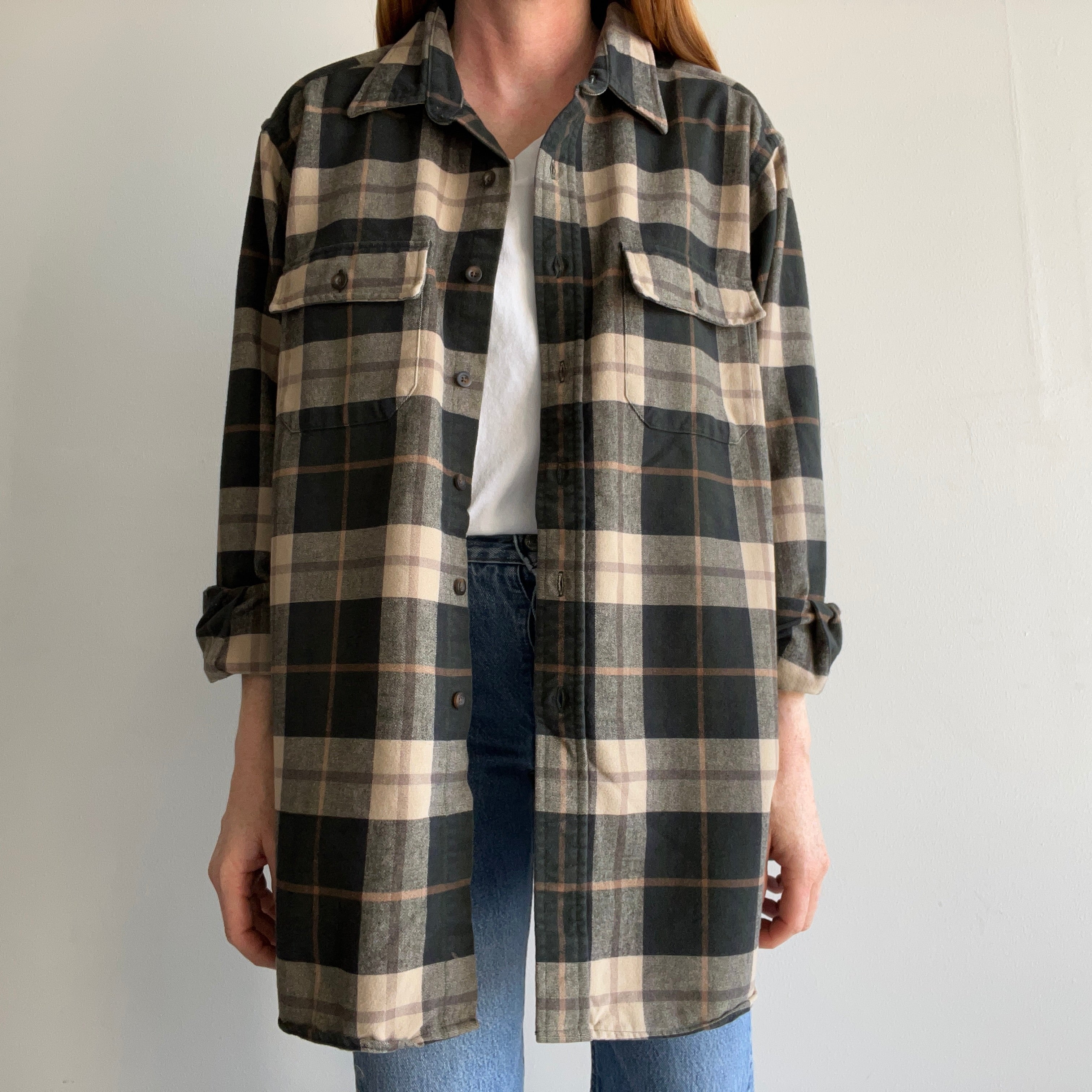 1990s L.L. Bean Larger and Longer Neutral Plaid Flannel