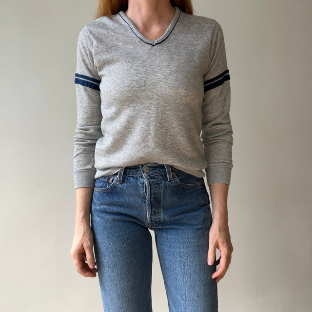 1970s  Grey V Neck Sweatshirt with Arm Striping