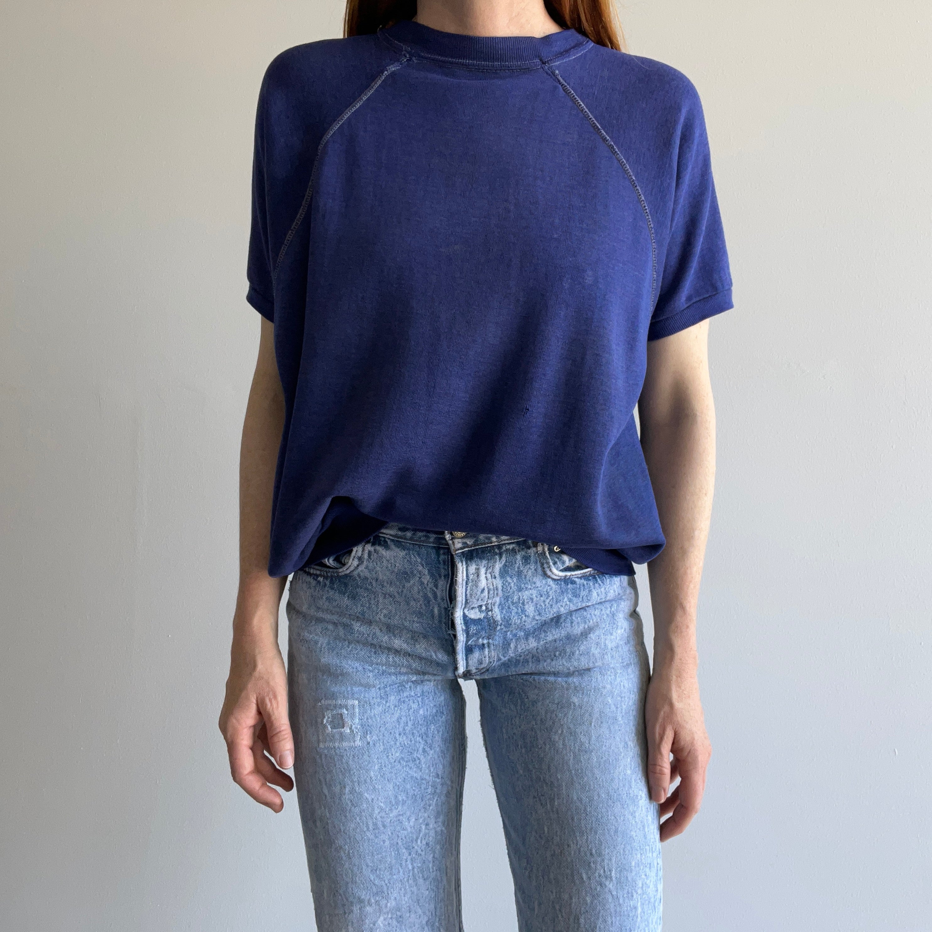 1970s Dumpster Chic Mended Navy Warm Up with Contrast Stitching and Patching - RAD