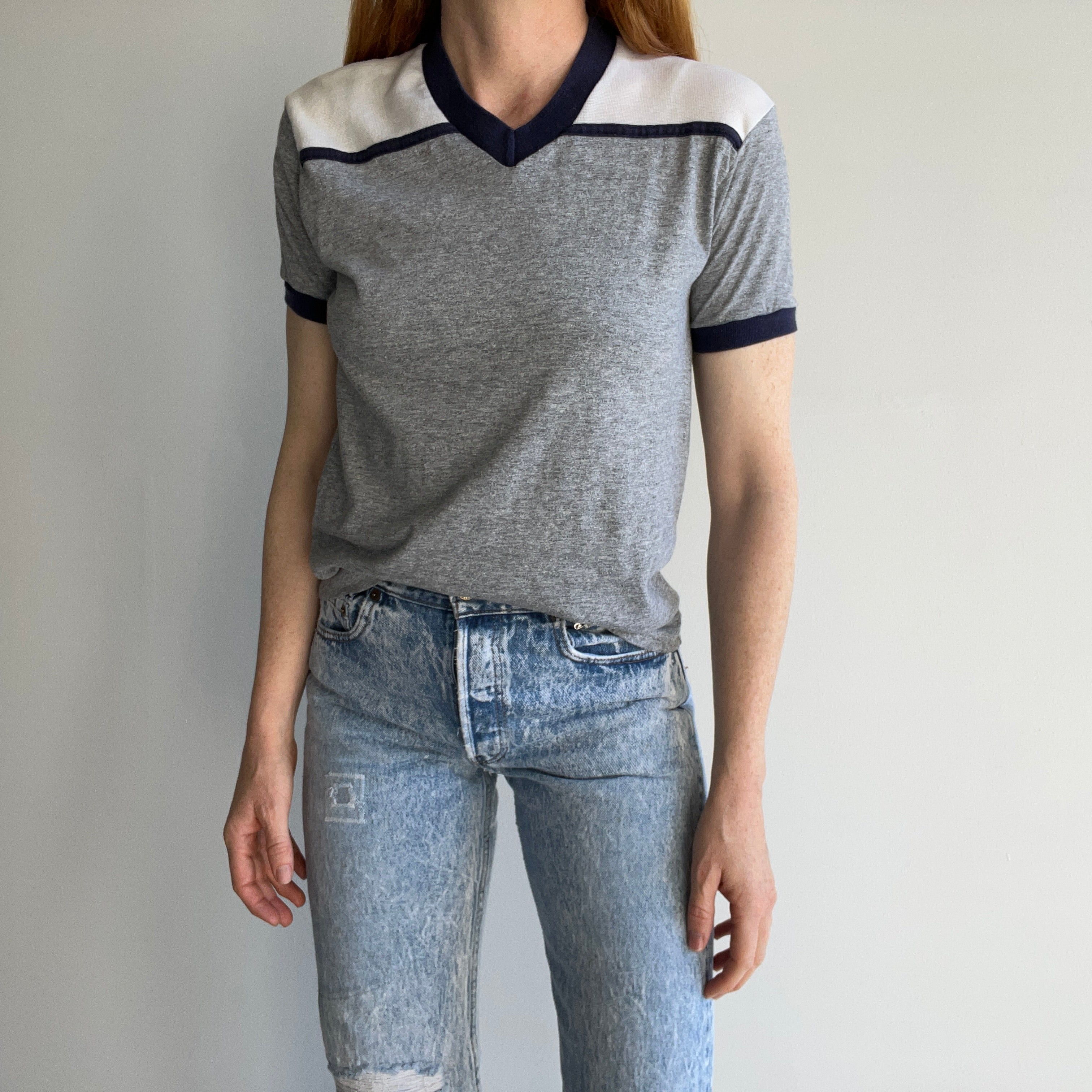 1970s Color Block V-Neck T-Shirt - Soft and Slouchy