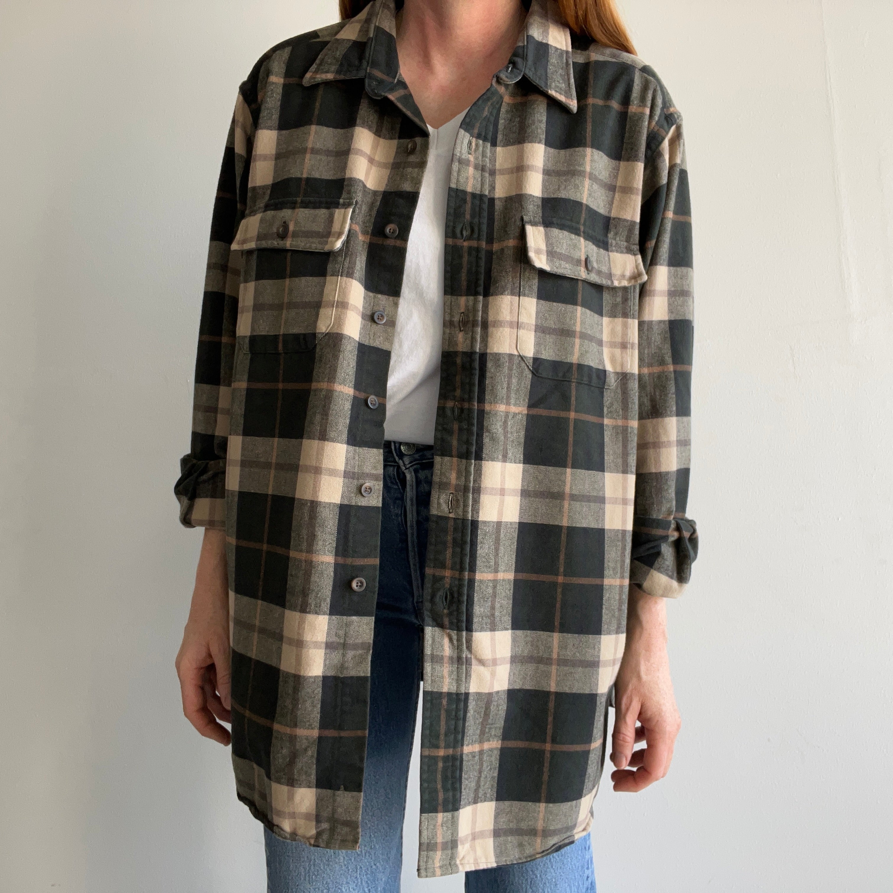 1990s L.L. Bean Larger and Longer Neutral Plaid Flannel