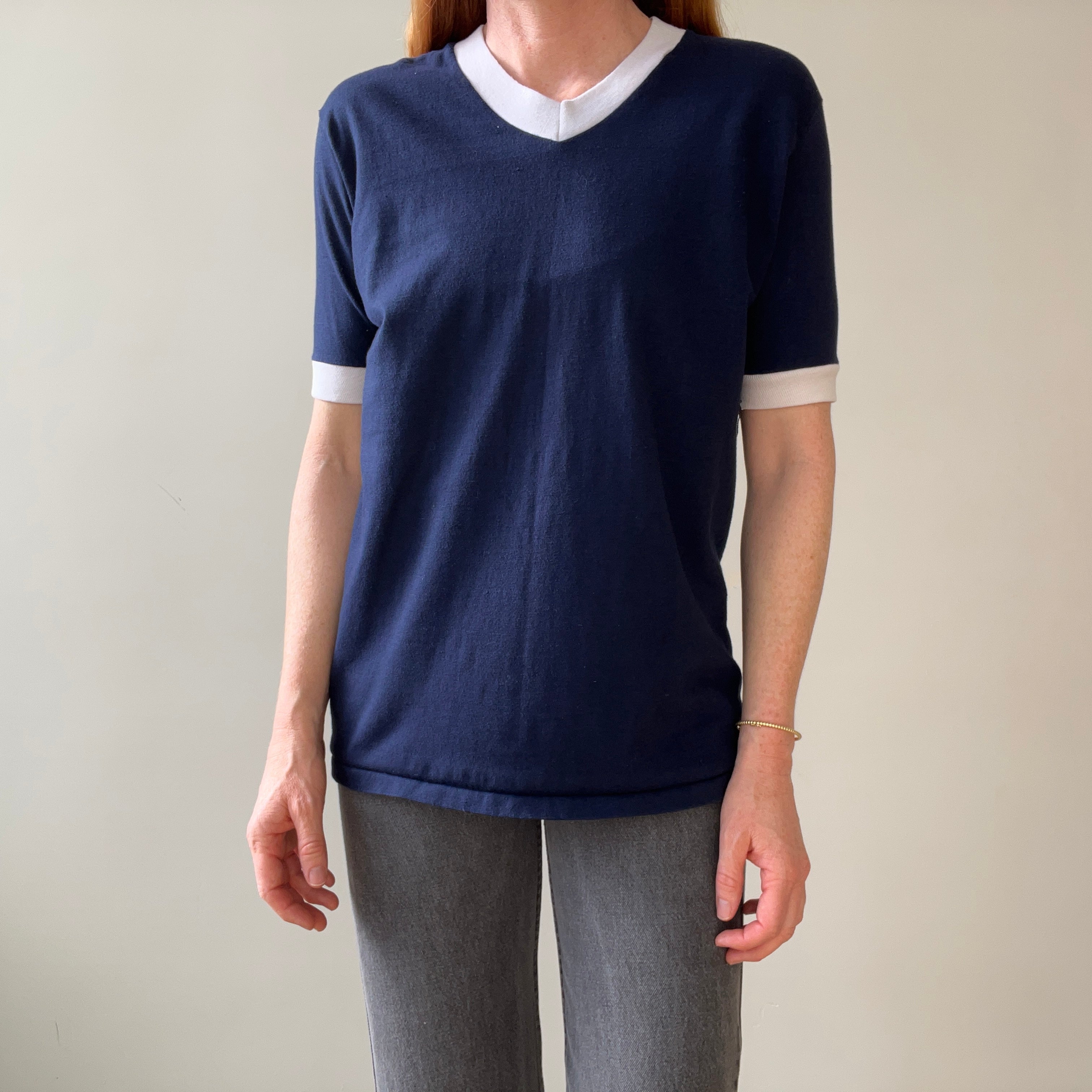 1970s Blank Navy Blue V Neck Ringer T Shirt