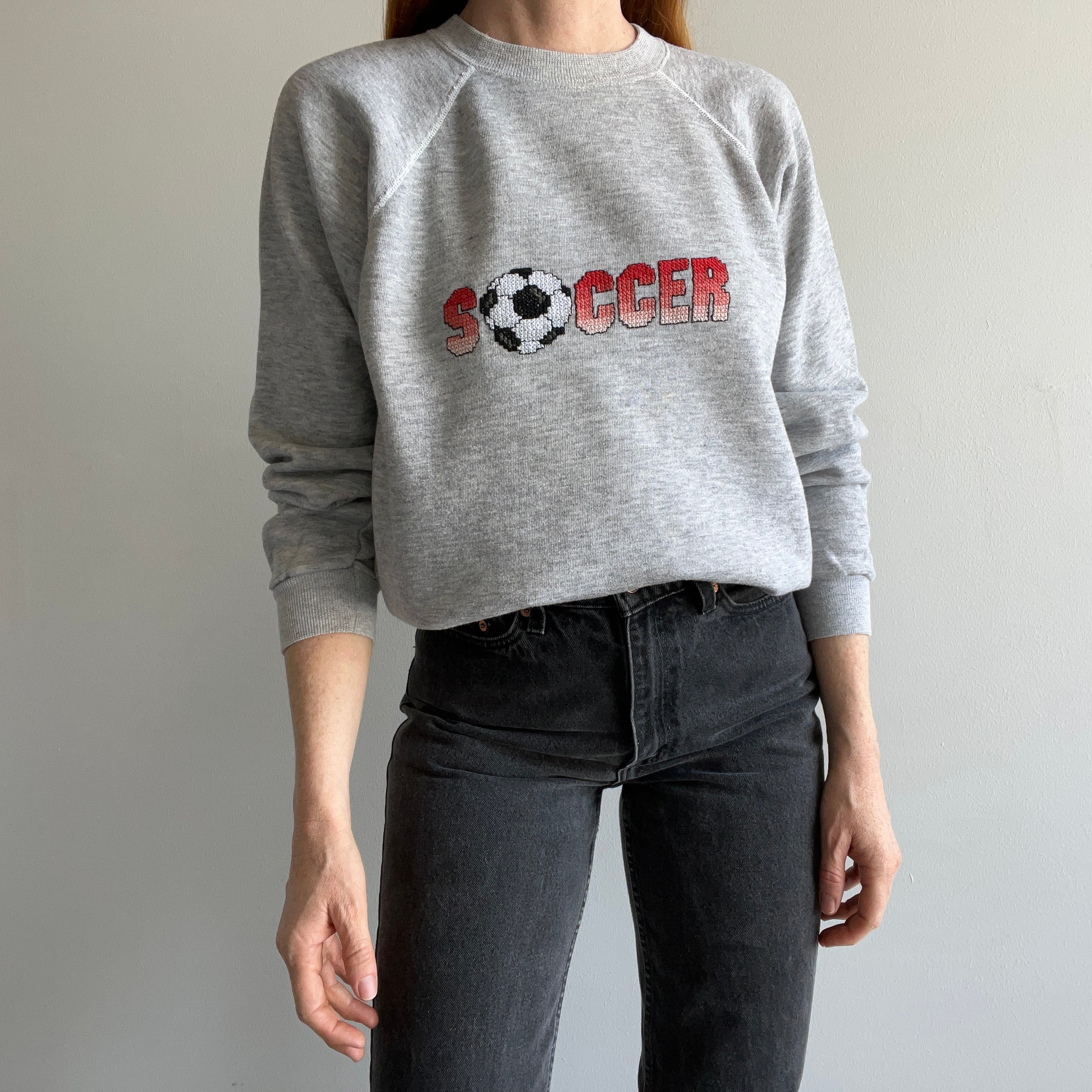 1980s DIY Needlepoint Soccer Sweatshirt by Hanes