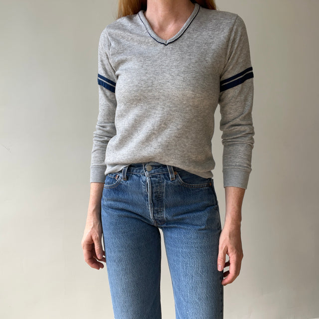 1970s  Grey V Neck Sweatshirt with Arm Striping