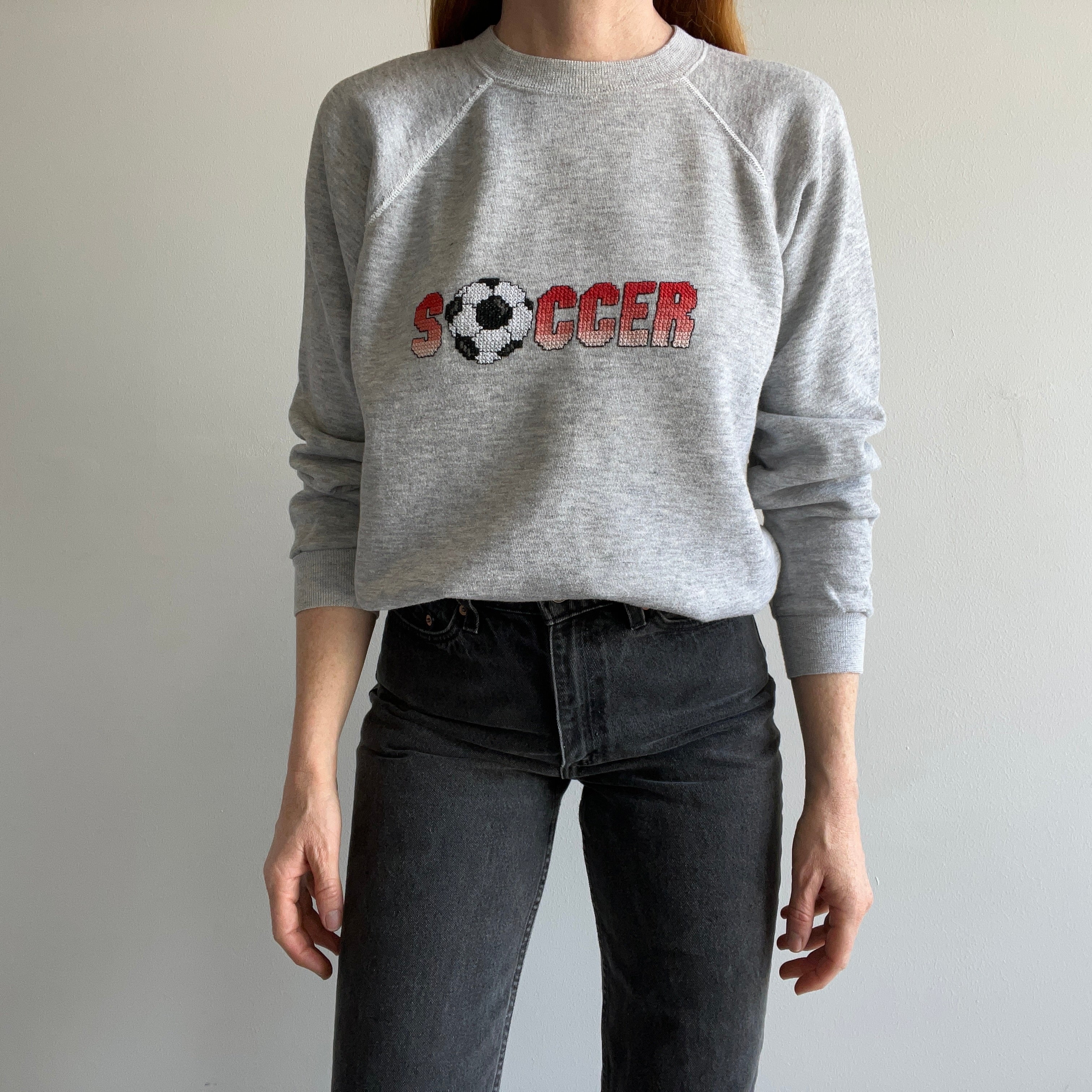 1980s DIY Needlepoint Soccer Sweatshirt by Hanes