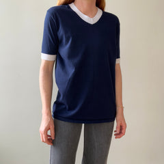 1970s Blank Navy Blue V Neck Ringer T Shirt