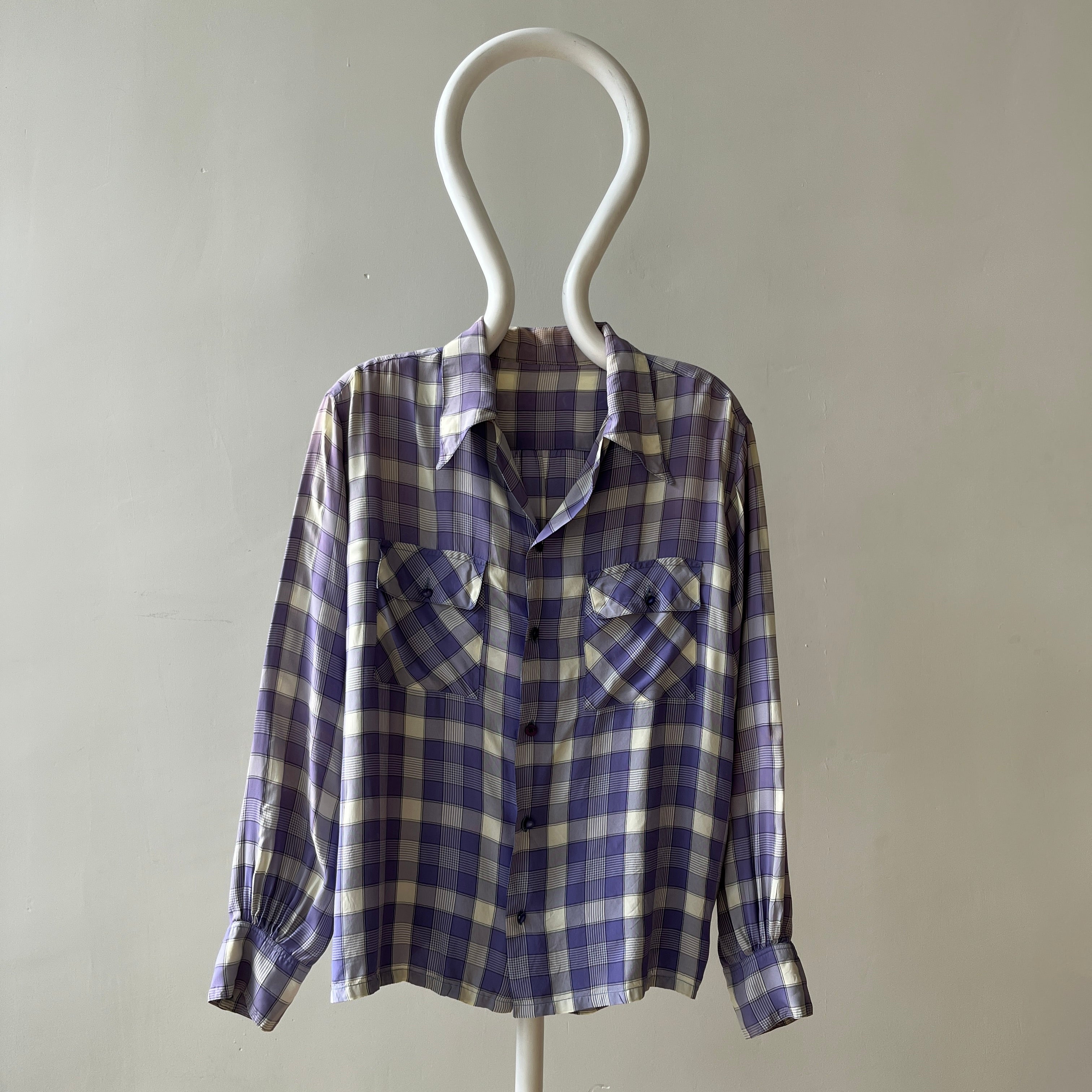 1950s Purple Plaid Rayon Button Up Shirt - TINA COLLECTION