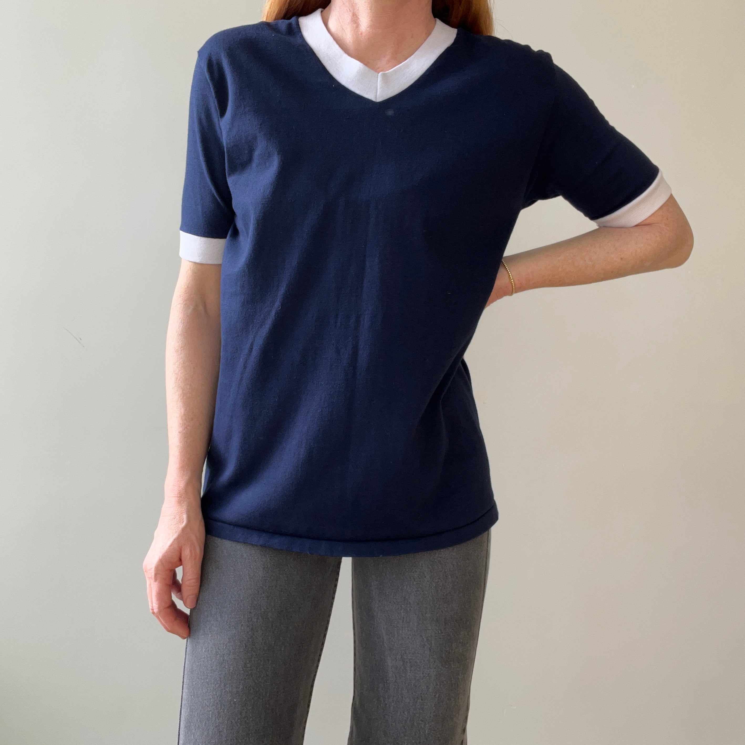 1970s Blank Navy Blue V Neck Ringer T Shirt