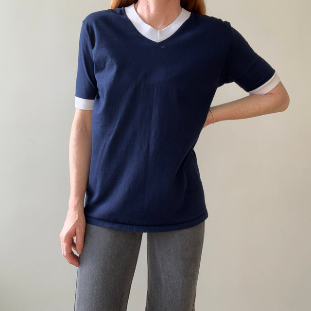 1970s Blank Navy Blue V Neck Ringer T Shirt