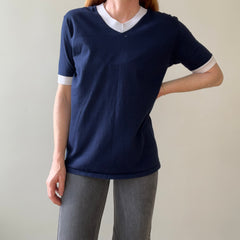 1970s Blank Navy Blue V Neck Ringer T Shirt
