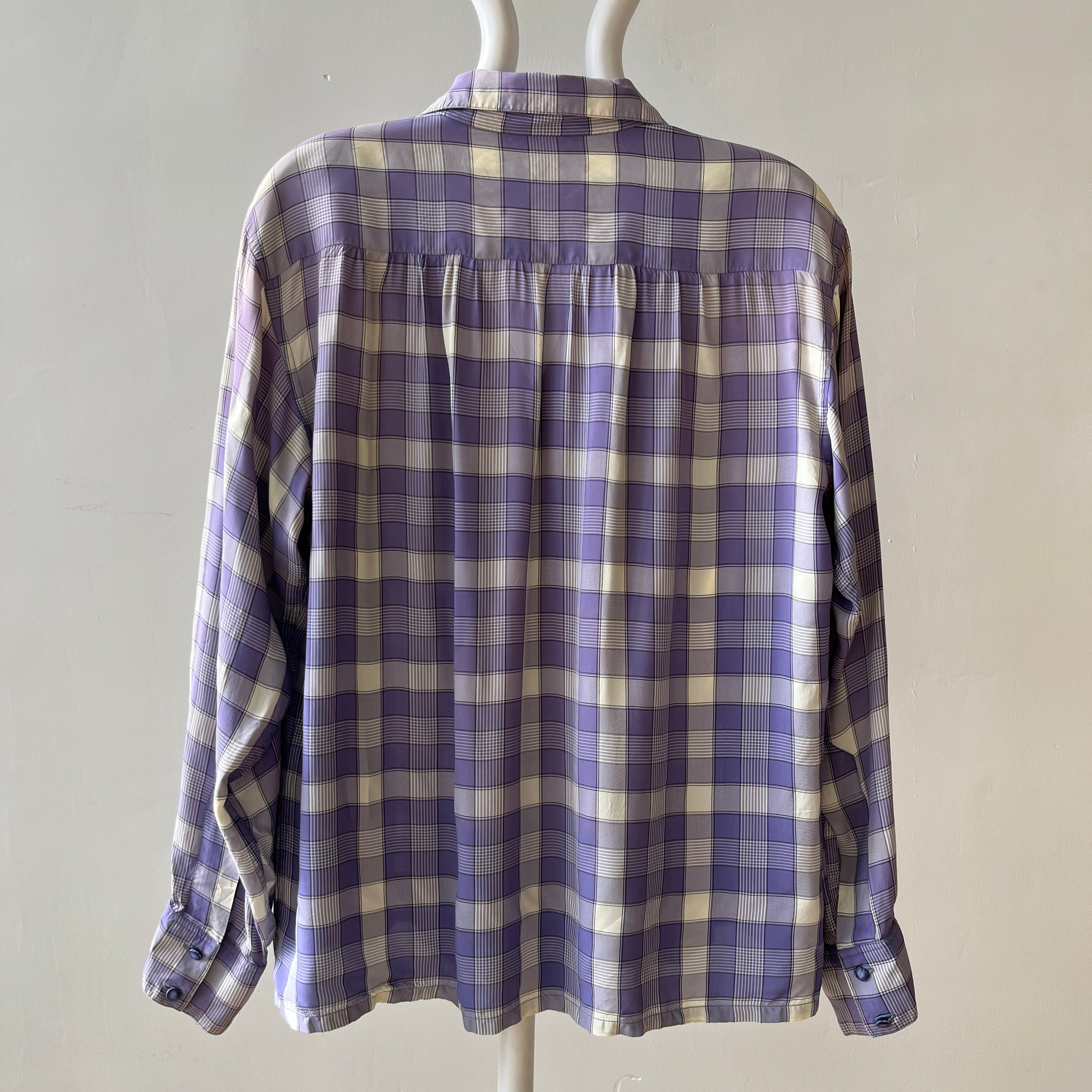 1950s Purple Plaid Rayon Button Up Shirt - TINA COLLECTION