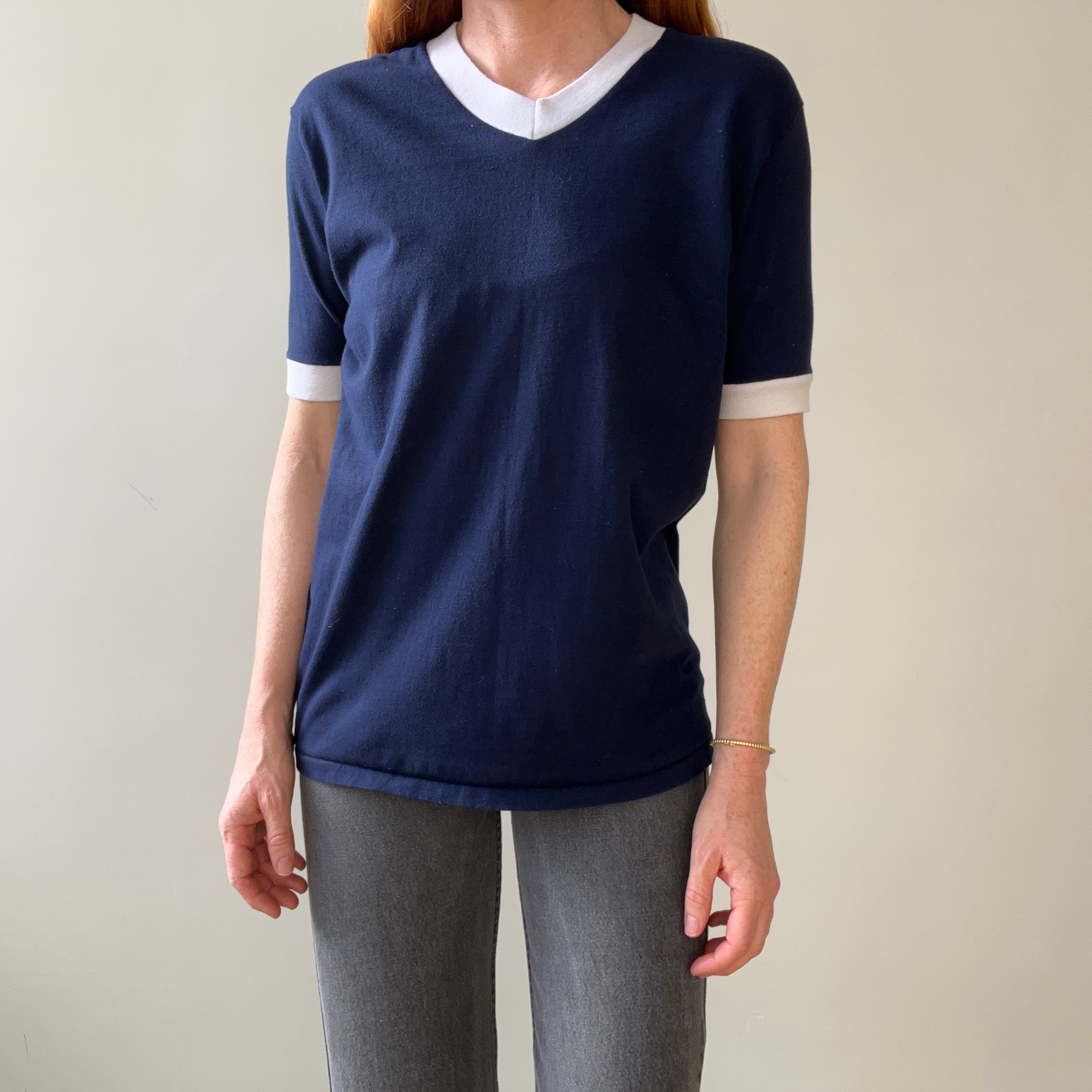 1970s Blank Navy Blue V Neck Ringer T Shirt