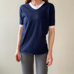 1970s Blank Navy Blue V Neck Ringer T Shirt