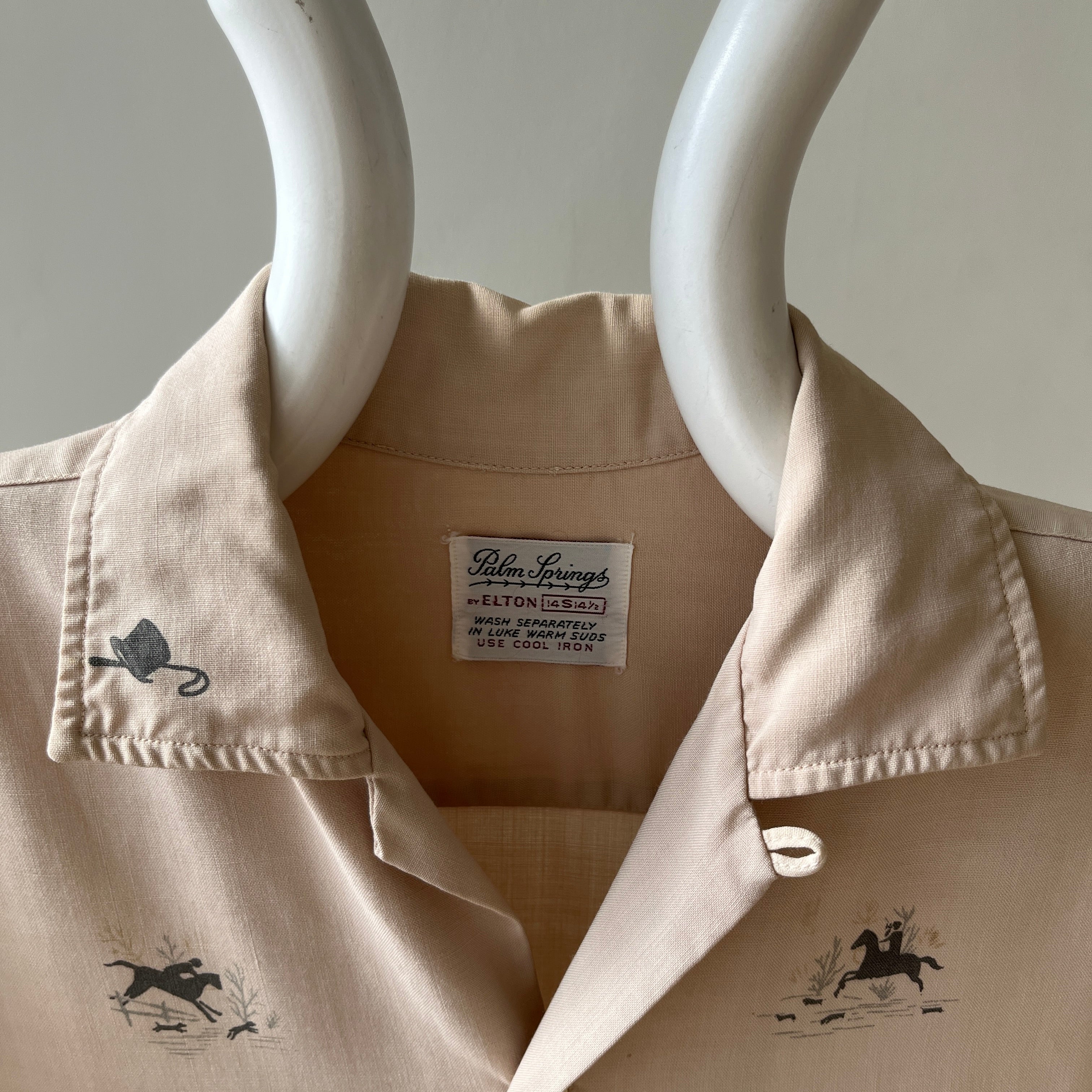 1950s Tan Rayon Loop Collar Horse Button Up Shirt - TINA COLLECTION