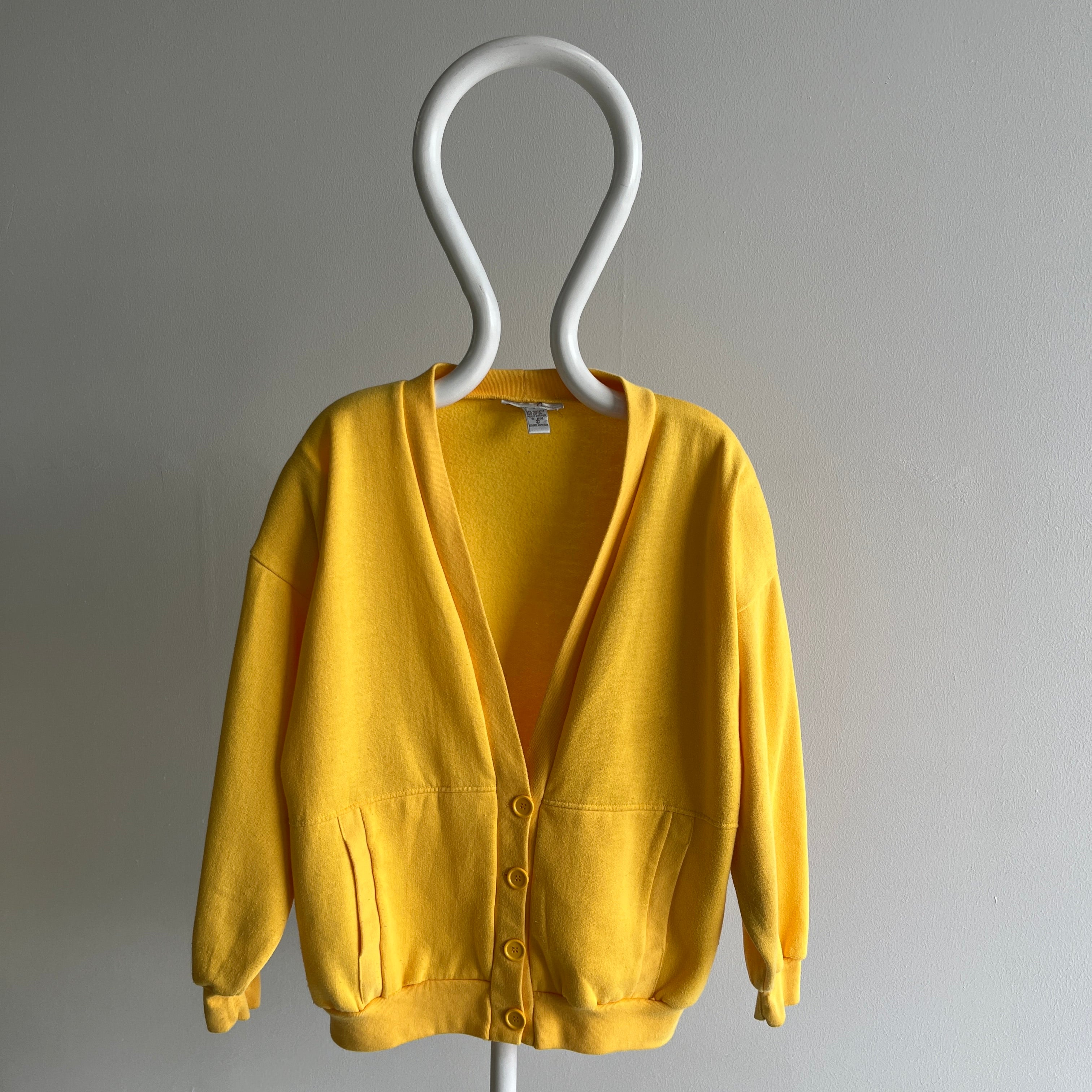 1980s French's Mustard Yellow Sweatshirt Cardigan with Shoulder Pads