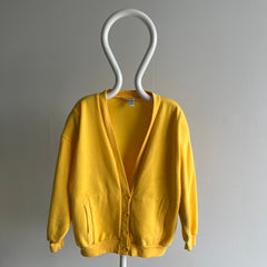 1980s French's Mustard Yellow Sweatshirt Cardigan with Shoulder Pads