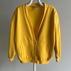 1980s French's Mustard Yellow Sweatshirt Cardigan with Shoulder Pads