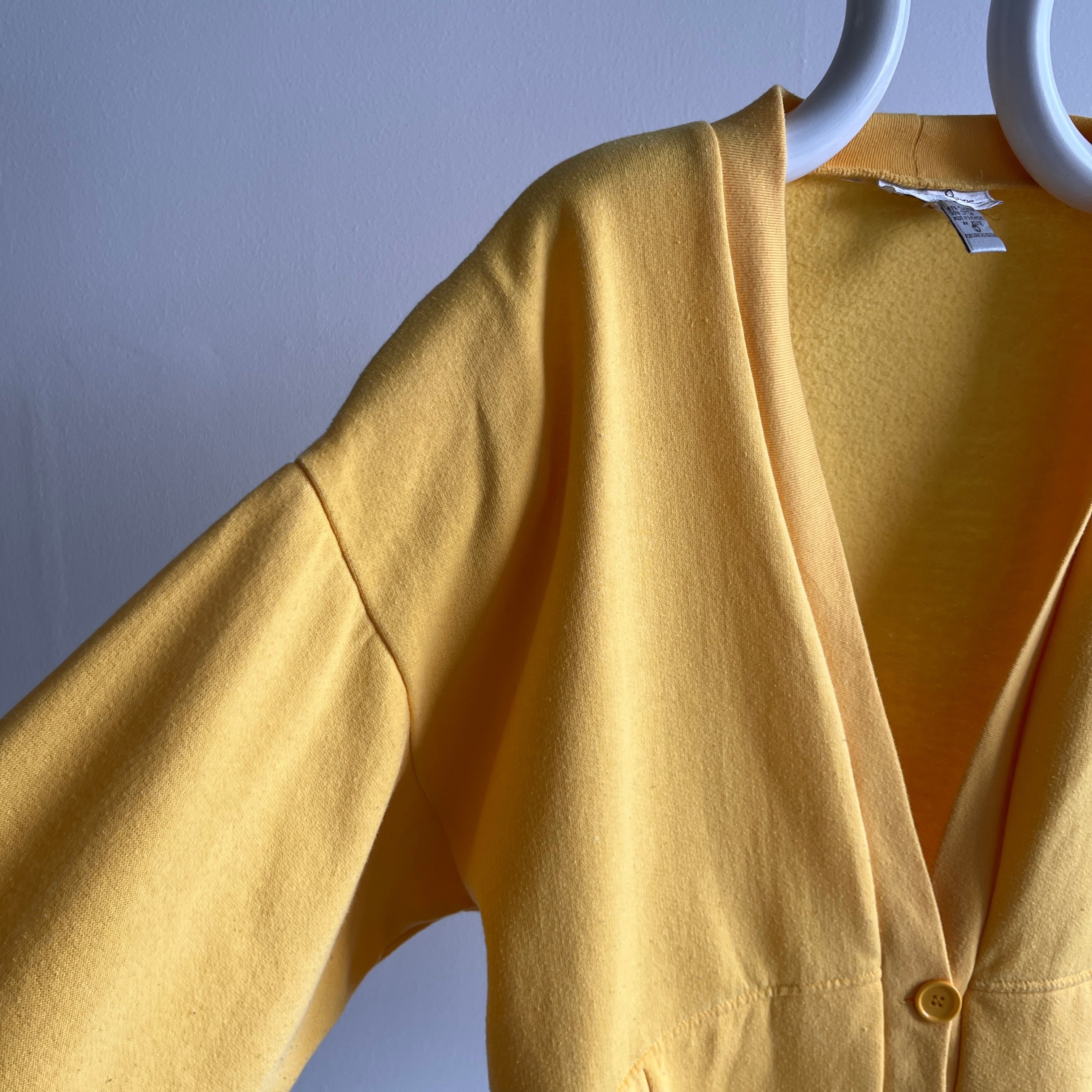 1980s French's Mustard Yellow Sweatshirt Cardigan with Shoulder Pads