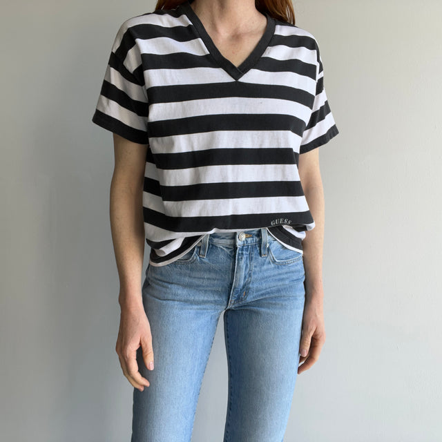 1980s Guess "Very Nice Stripes" Cotton V-Neck T-Shirt