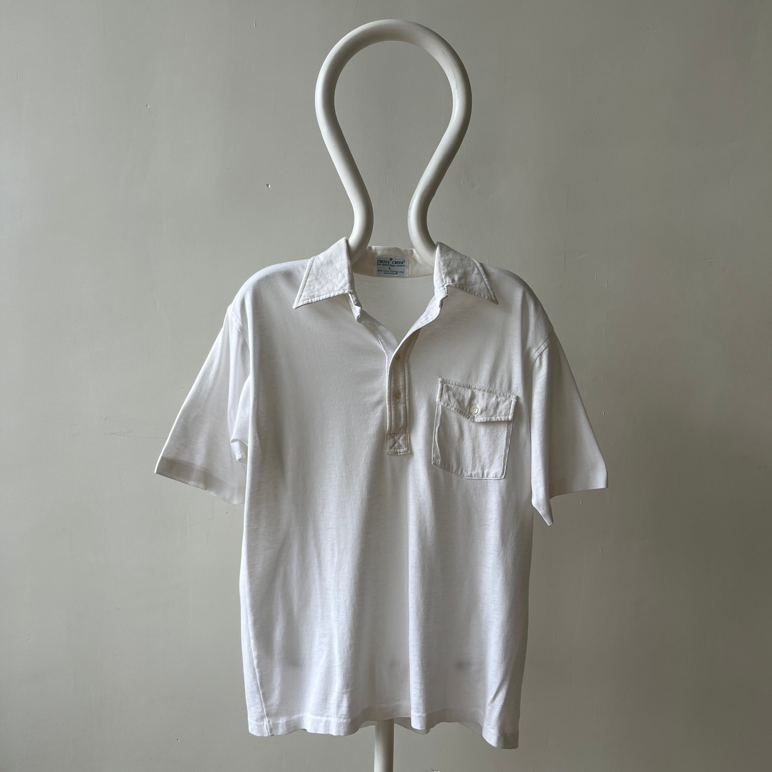 1970s Blank White Polo Style Pocket T Shirt - 70s Dad Chic