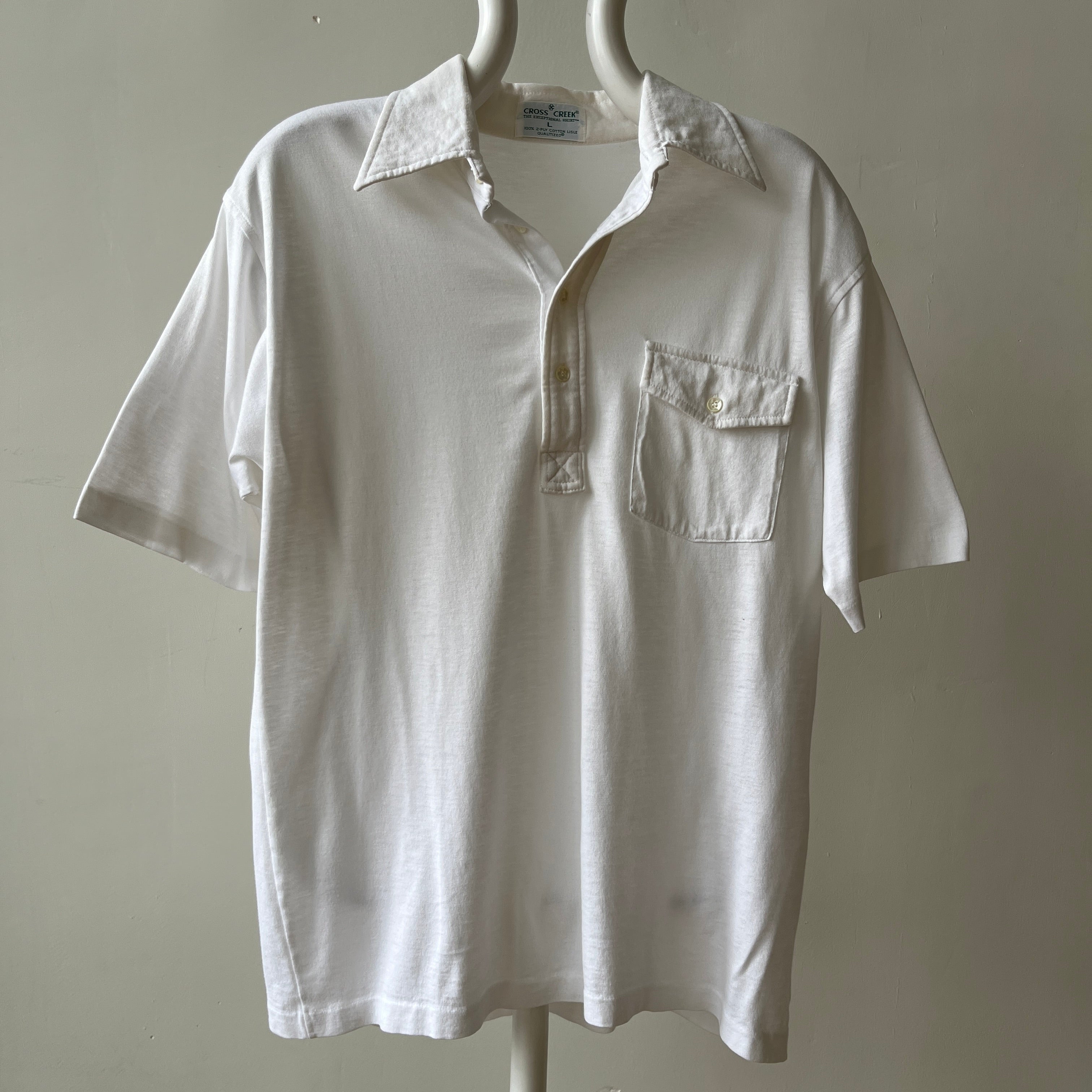1970s Blank White Polo Style Pocket T Shirt - 70s Dad Chic