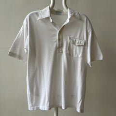 1970s Blank White Polo Style Pocket T Shirt - 70s Dad Chic