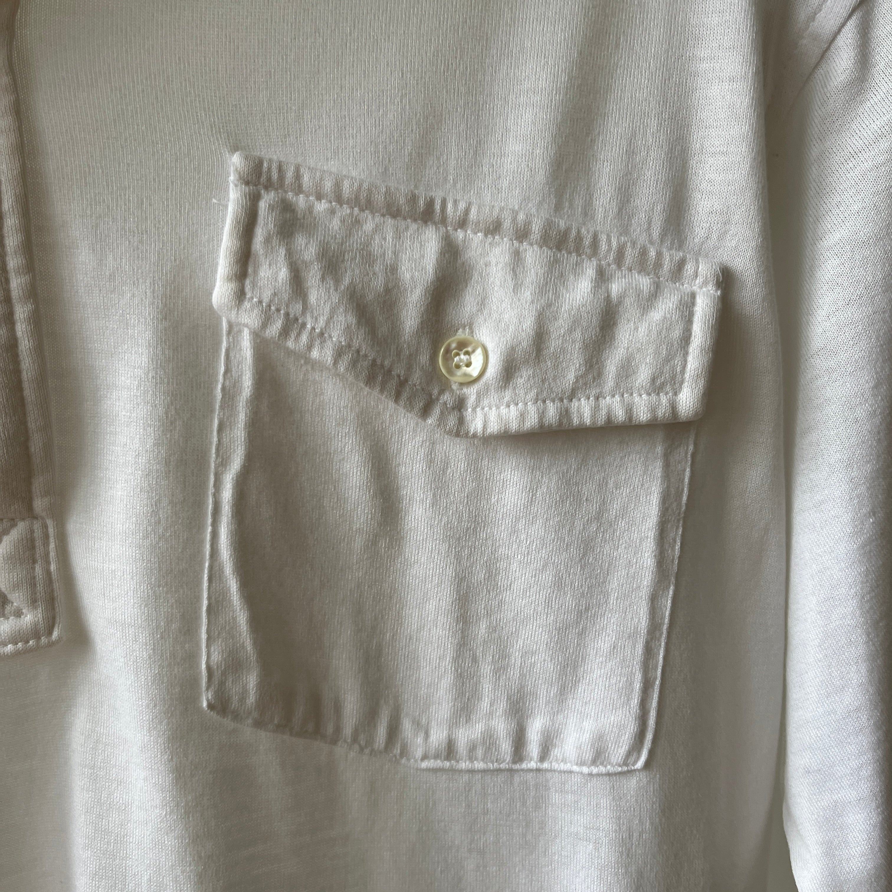 1970s Blank White Polo Style Pocket T Shirt - 70s Dad Chic