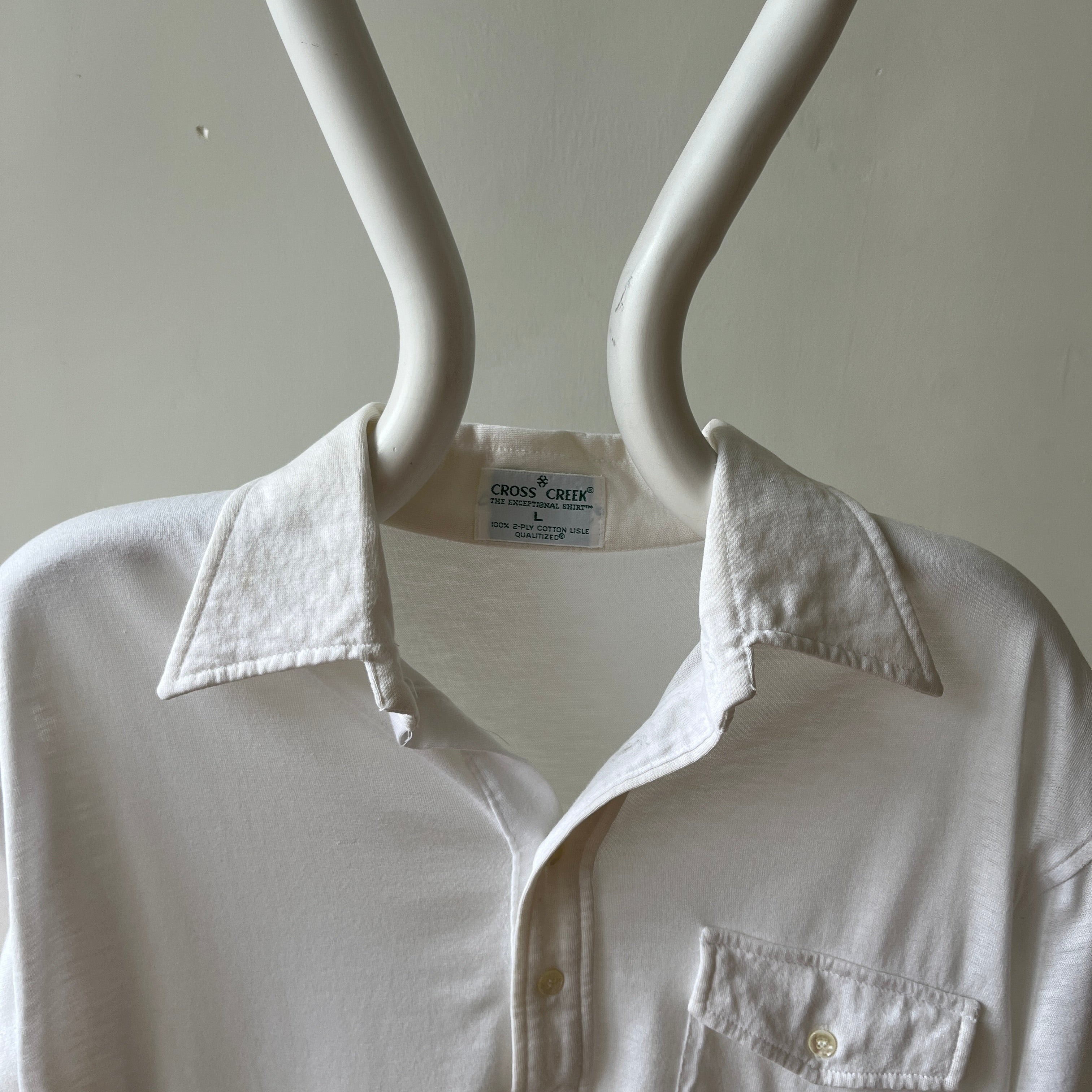 1970s Blank White Polo Style Pocket T Shirt - 70s Dad Chic