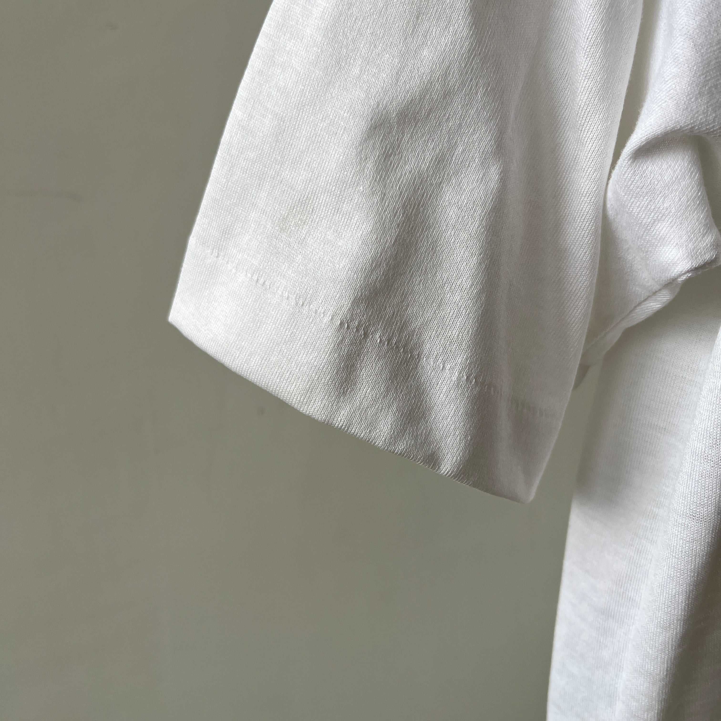 1970s Blank White Polo Style Pocket T Shirt - 70s Dad Chic