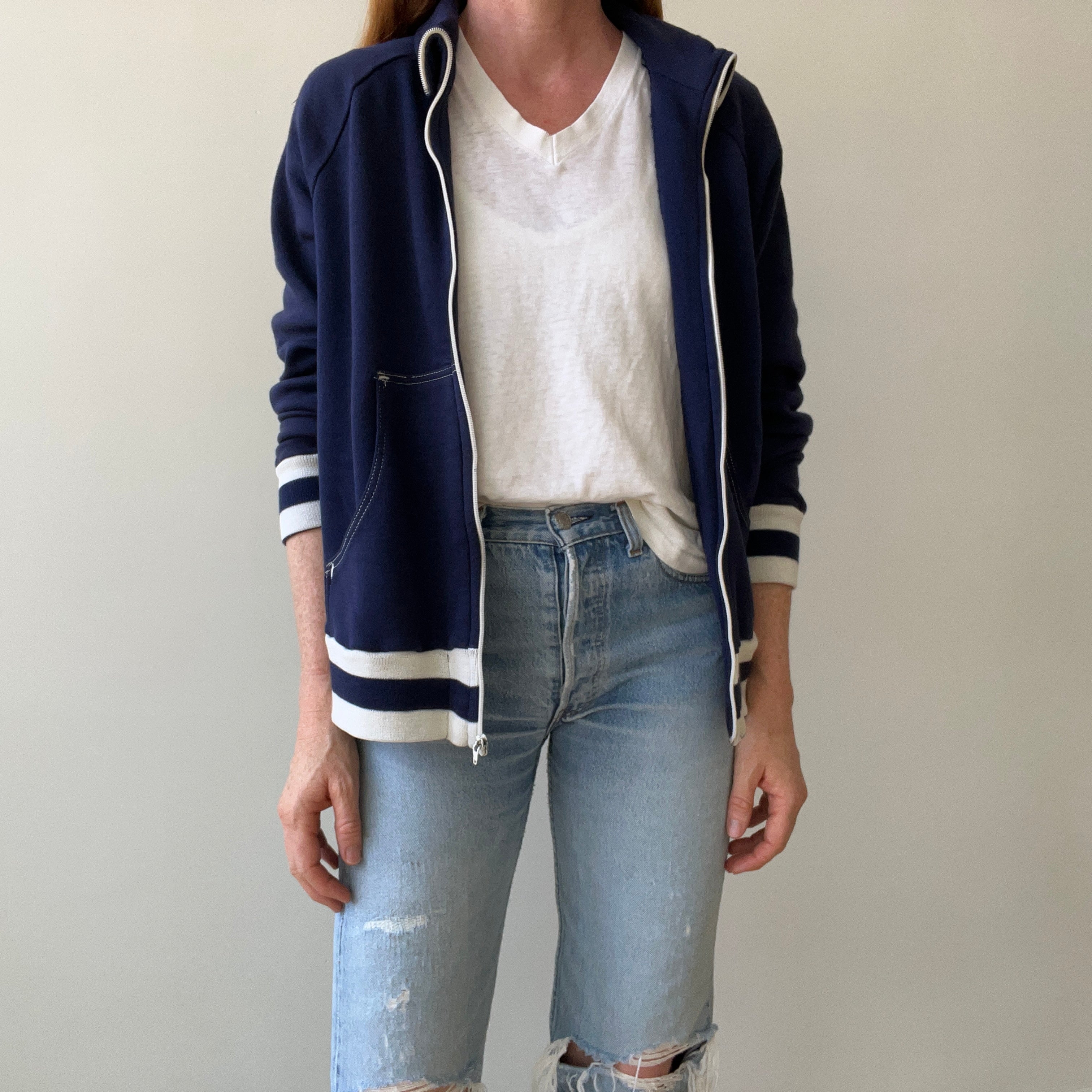 1970s Navy and White Super Soft Zip Warm Up Sweatshirt