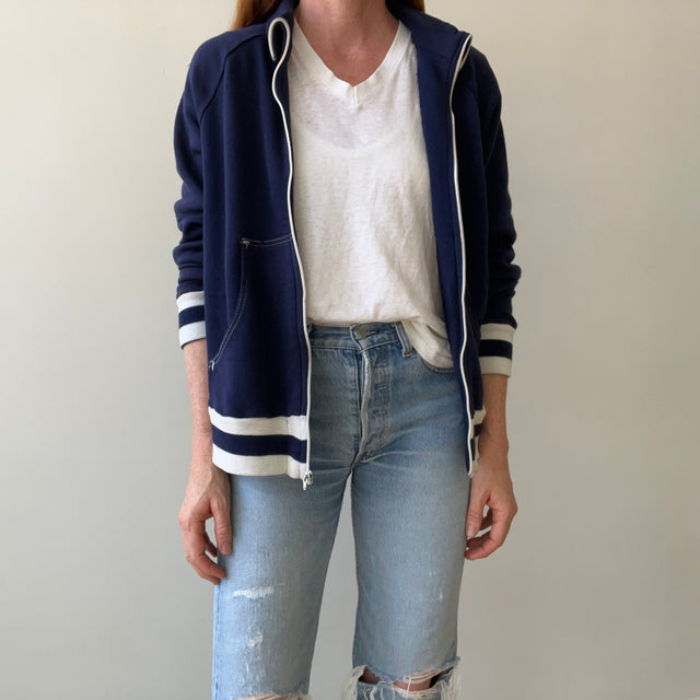 1970s Navy and White Super Soft Zip Warm Up Sweatshirt
